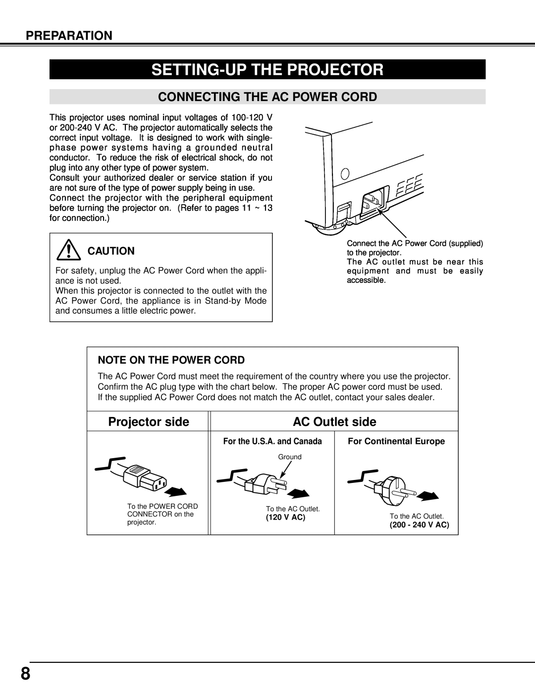 Canon 5100 owner manual Setting-Up The Projector, Connecting The Ac Power Cord, Projector side, AC Outlet side, Preparation 