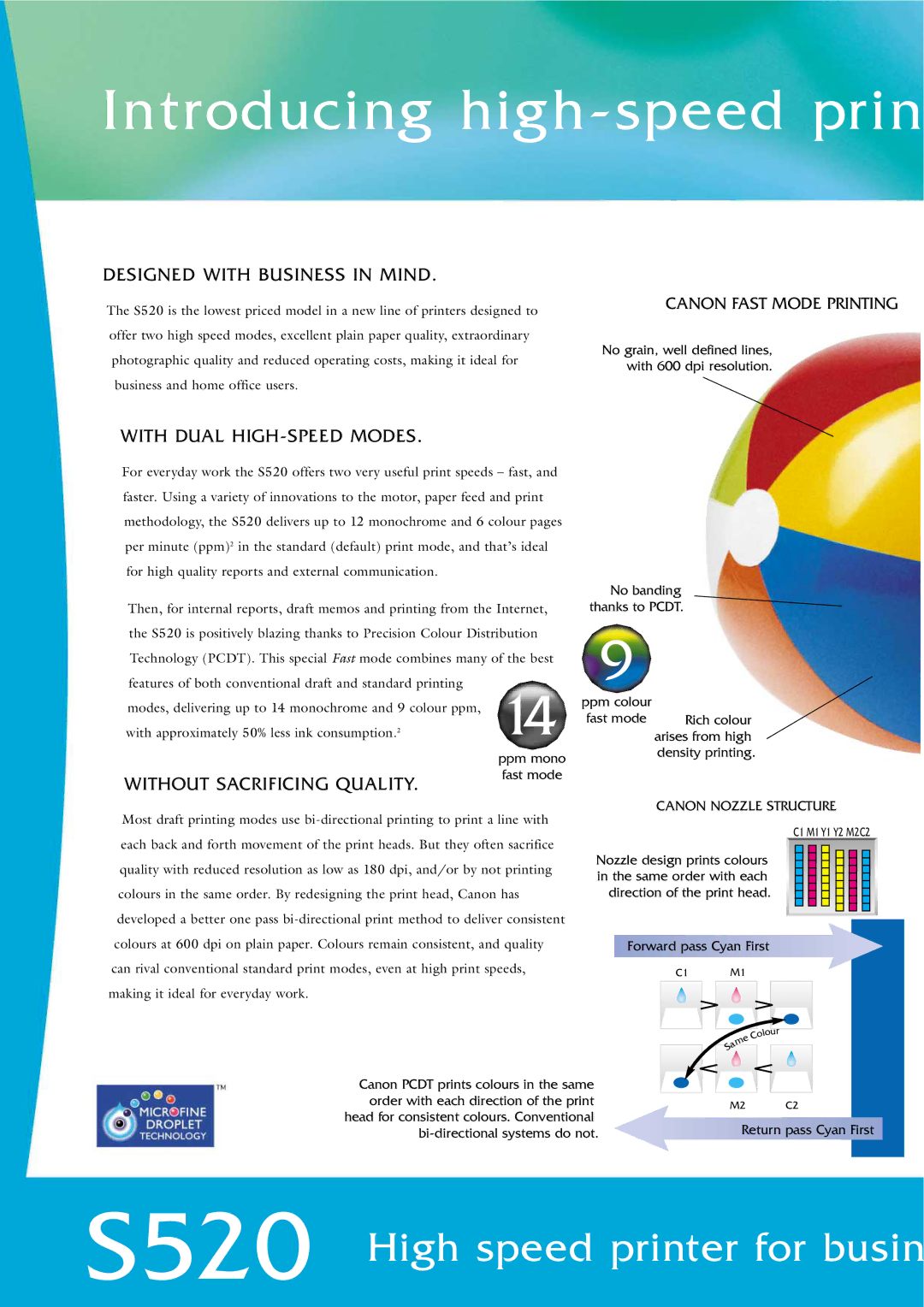 Canon 520 Introducing high-speed prin, Designed with Business in Mind, With Dual HIGH-SPEED Modes, Canon Nozzle Structure 