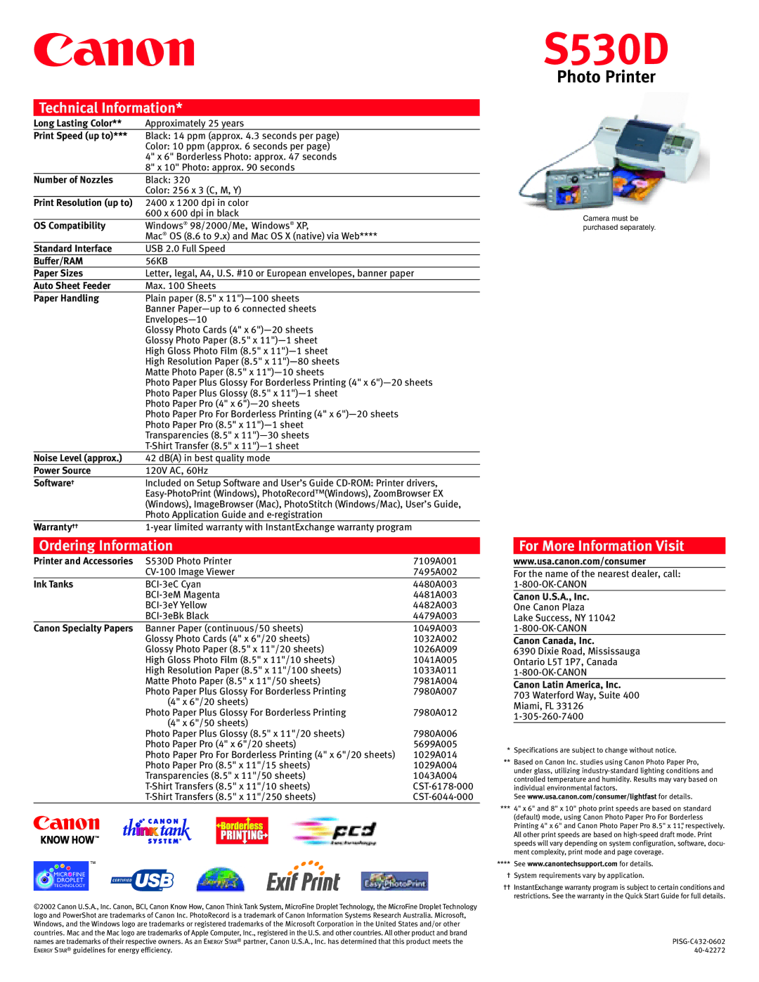 Canon 530D manual Technical Information, Ordering Information, For More Information Visit 