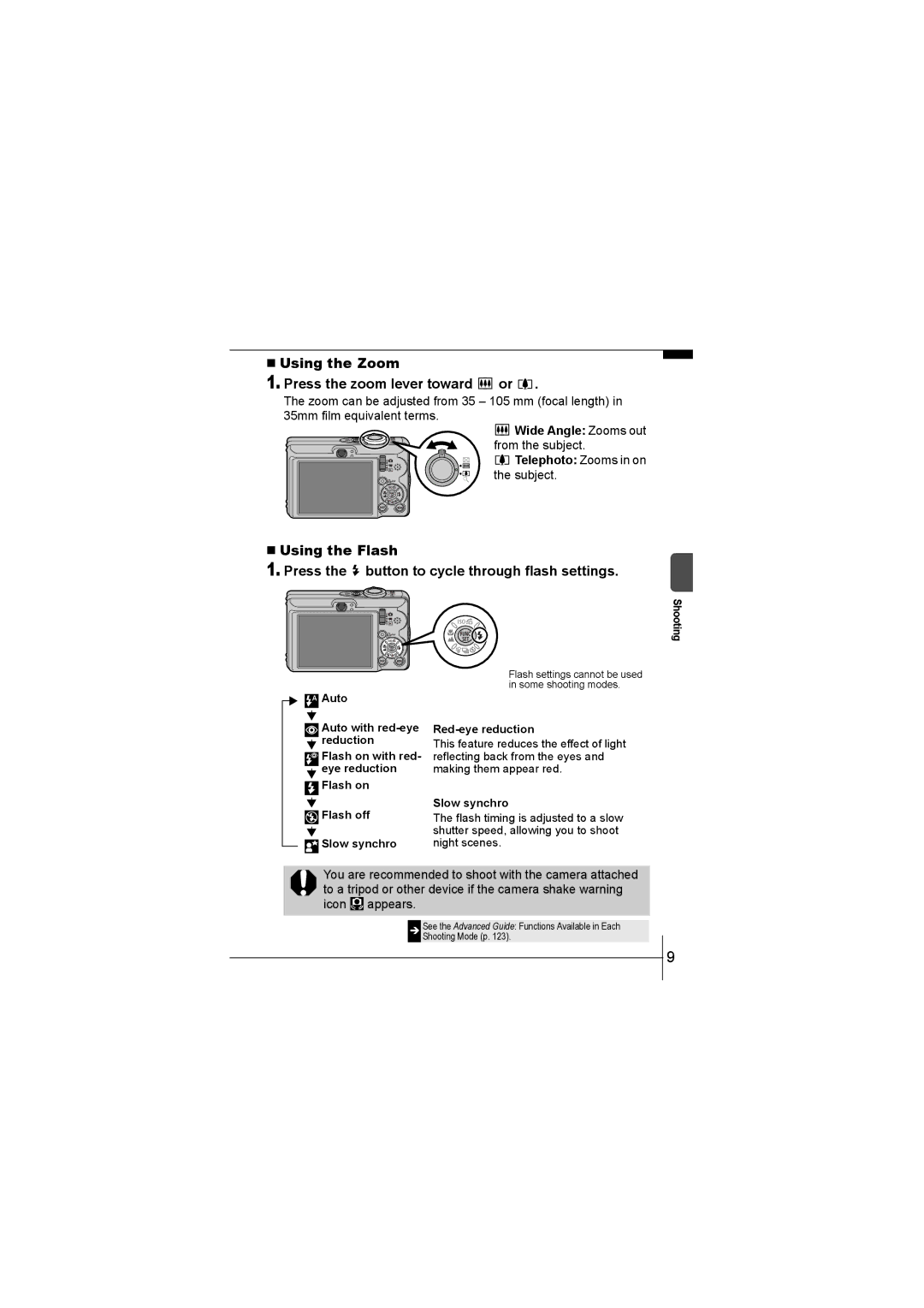 Canon 55 manual „ Using the Zoom Press the zoom lever toward or, Wide Angle Zooms out 