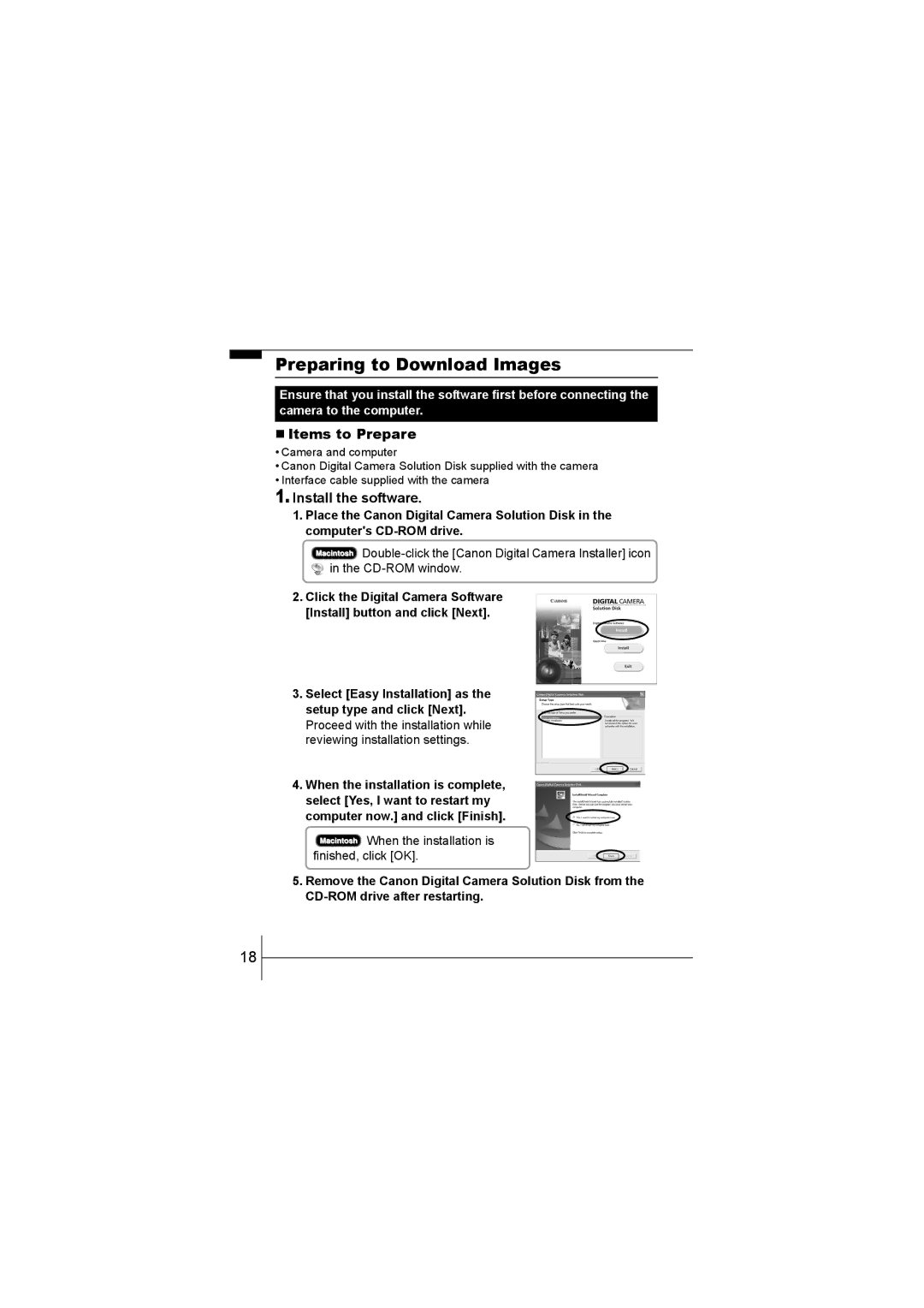 Canon 55 manual Preparing to Download Images, „ Items to Prepare, Install the software, Computer now. and click Finish 