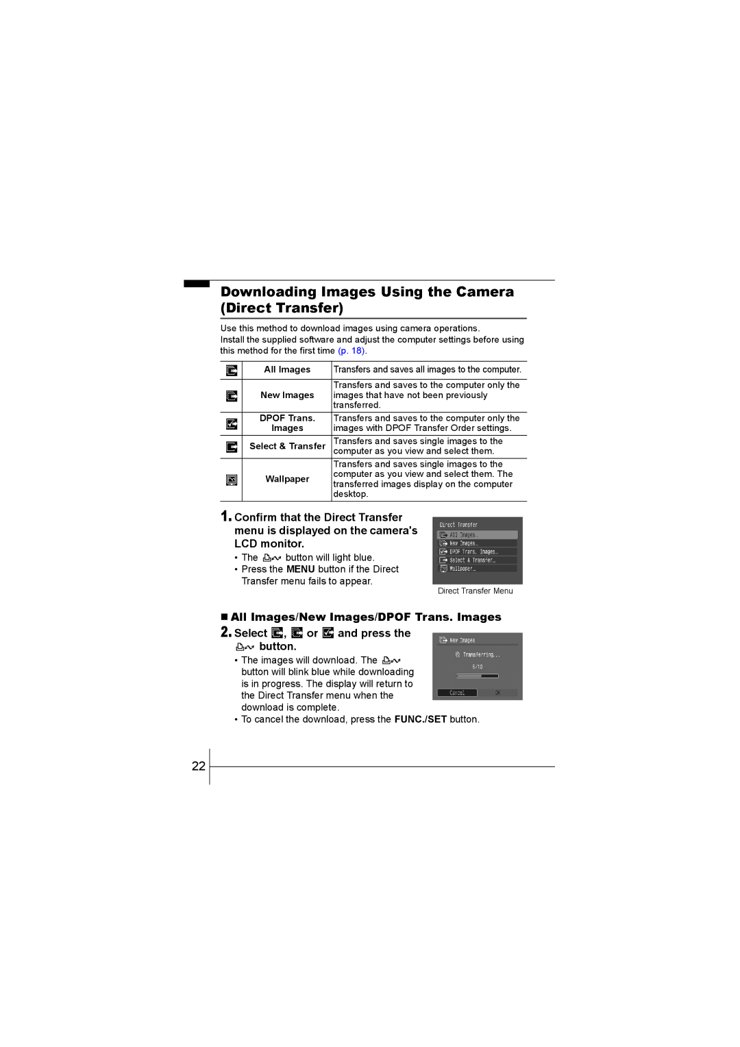 Canon 55 manual Downloading Images Using the Camera Direct Transfer, All Images, New Images 