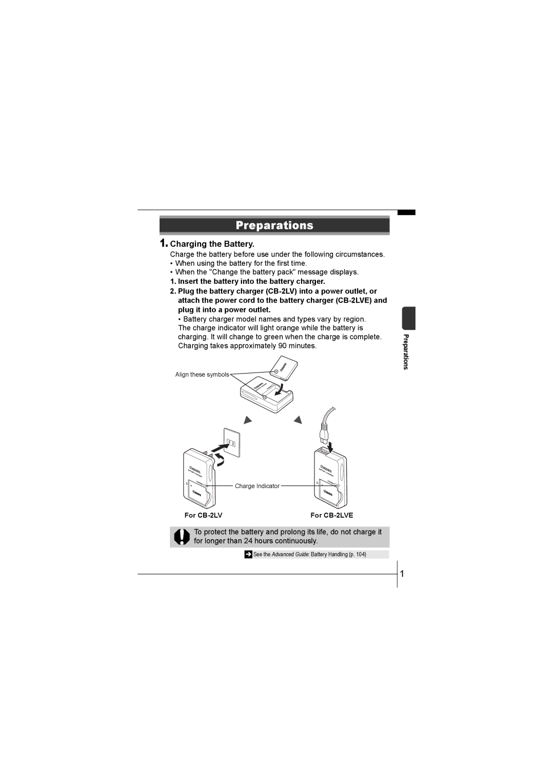 Canon 55 manual Preparations, Charging the Battery, For CB-2LV 