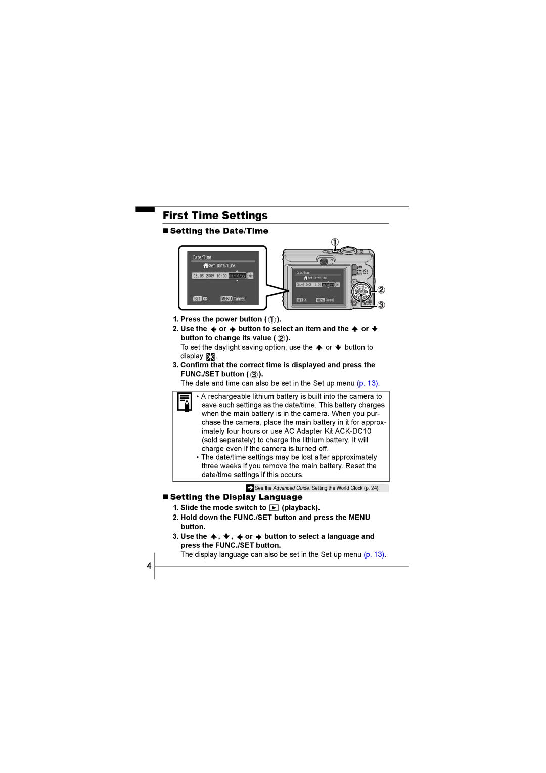 Canon 55 manual First Time Settings, „ Setting the Date/Time, „ Setting the Display Language 