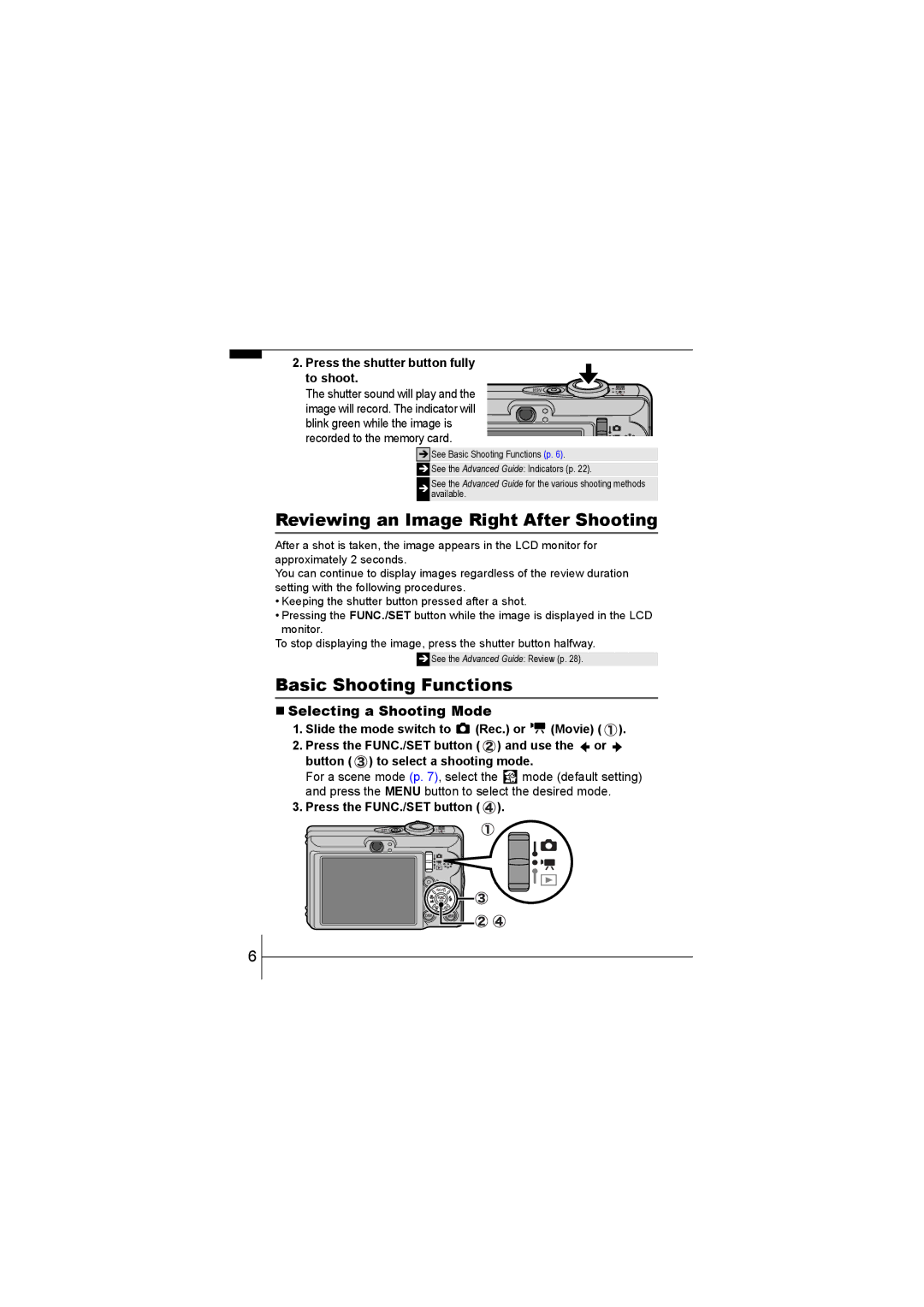 Canon 55 manual Reviewing an Image Right After Shooting, Basic Shooting Functions, „ Selecting a Shooting Mode 