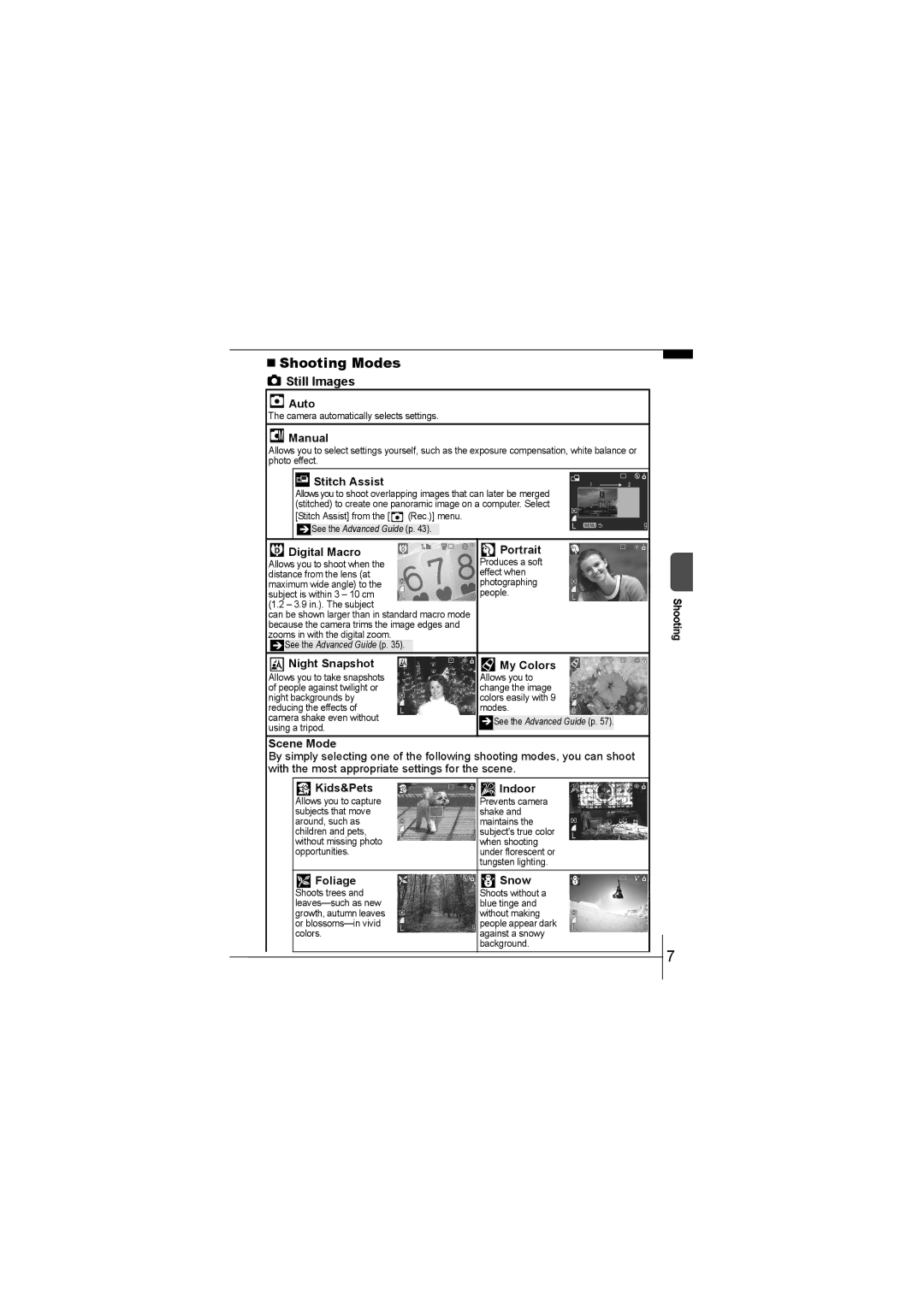 Canon 55 manual „ Shooting Modes, Still Images 