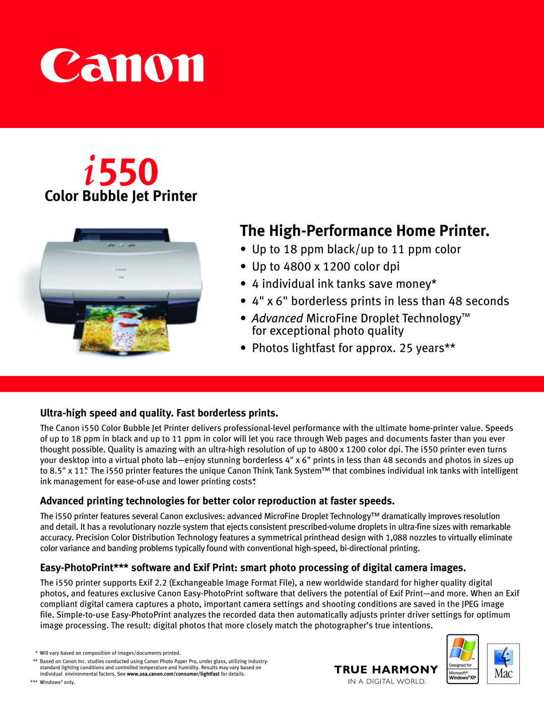 Canon 550 manual The High-Performance Home Printer, Color Bubble Jet Printer, individual ink tanks save money 