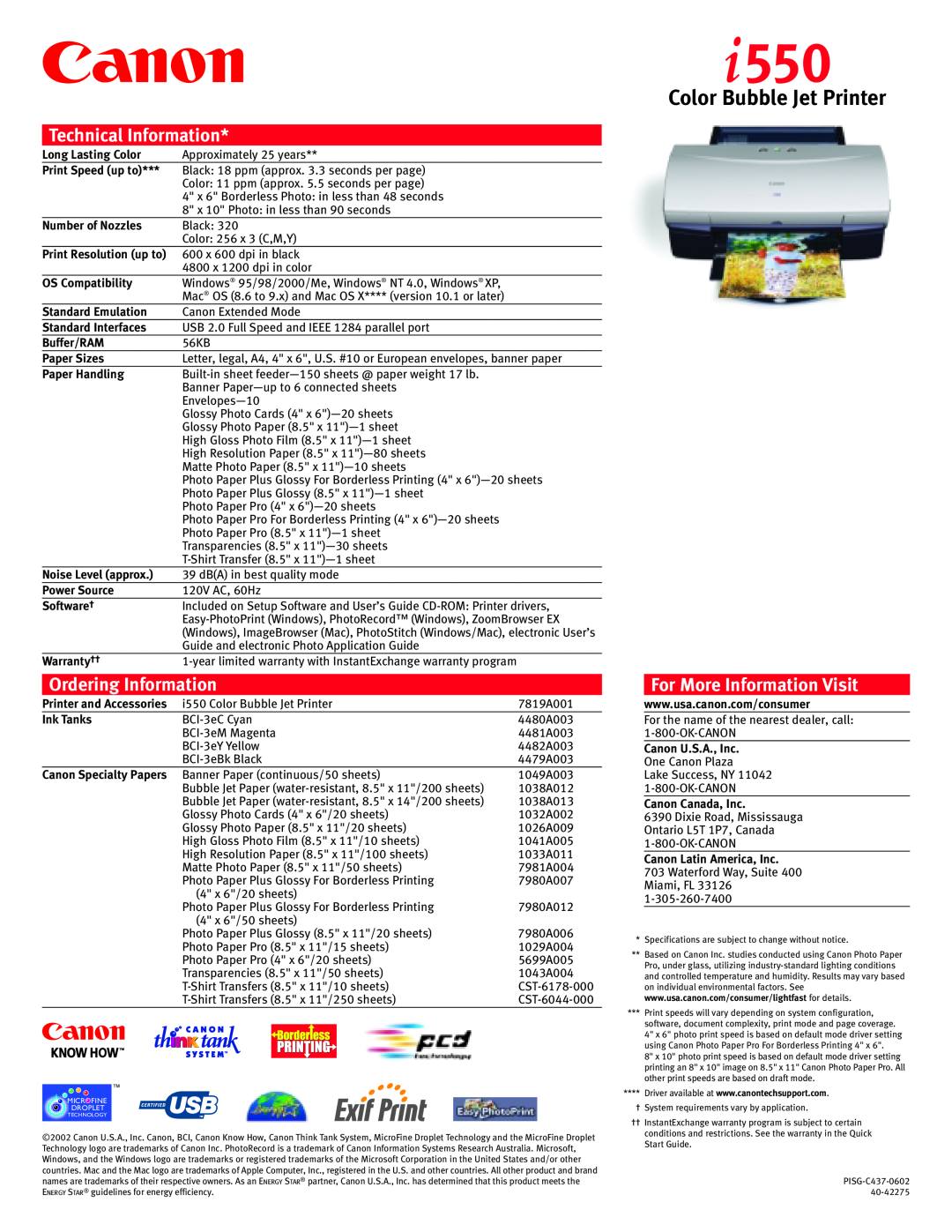 Canon manual i550, Color Bubble Jet Printer, Technical Information, Ordering Information, For More Information Visit 