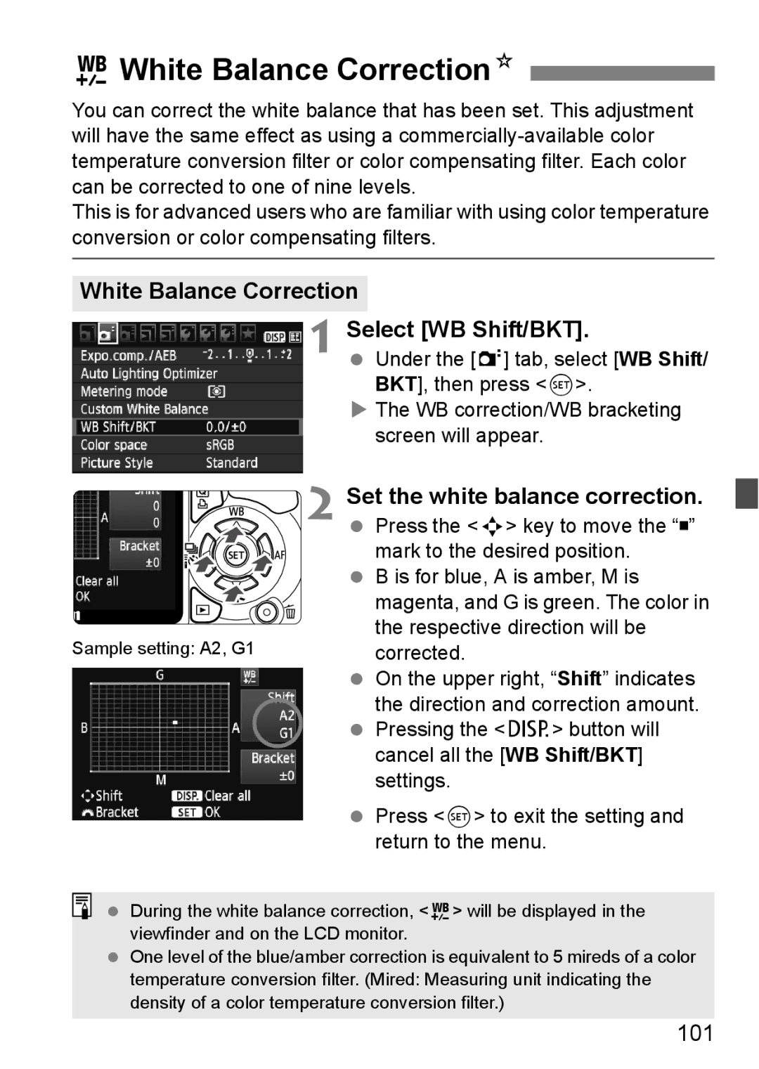 Canon 550D 2White Balance CorrectionN, White Balance Correction Select WB Shift/BKT, Set the white balance correction, 101 