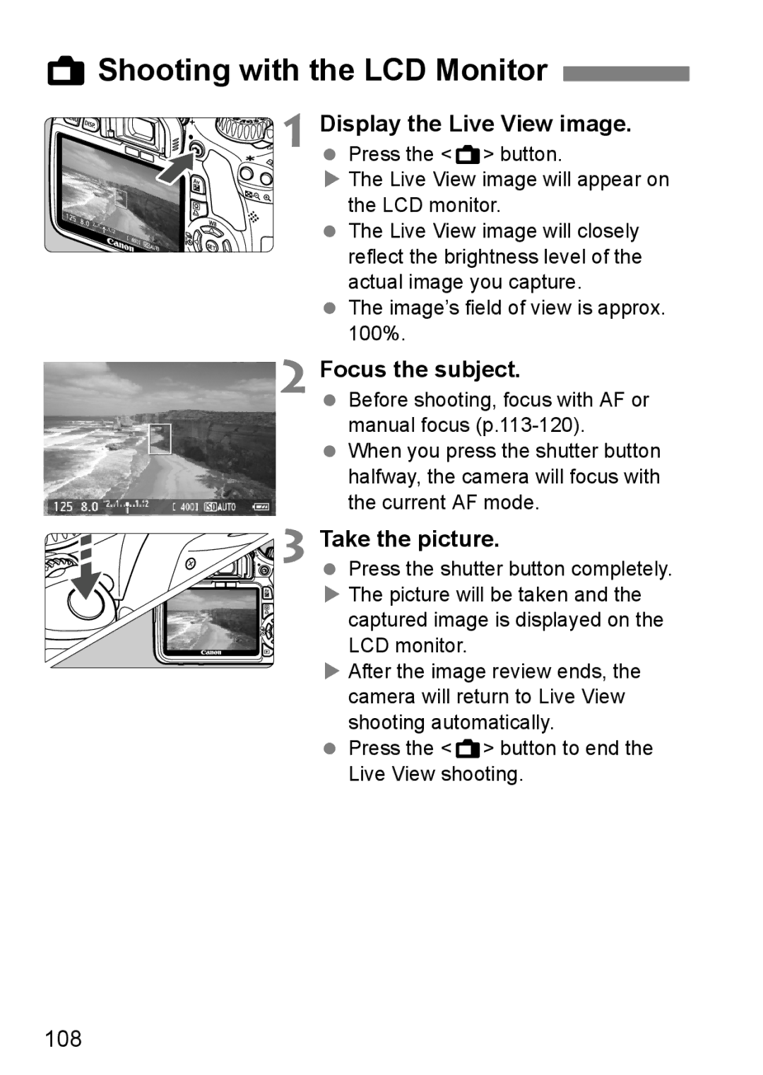 Canon 550D instruction manual AShooting with the LCD Monitor, Display the Live View image, 108 