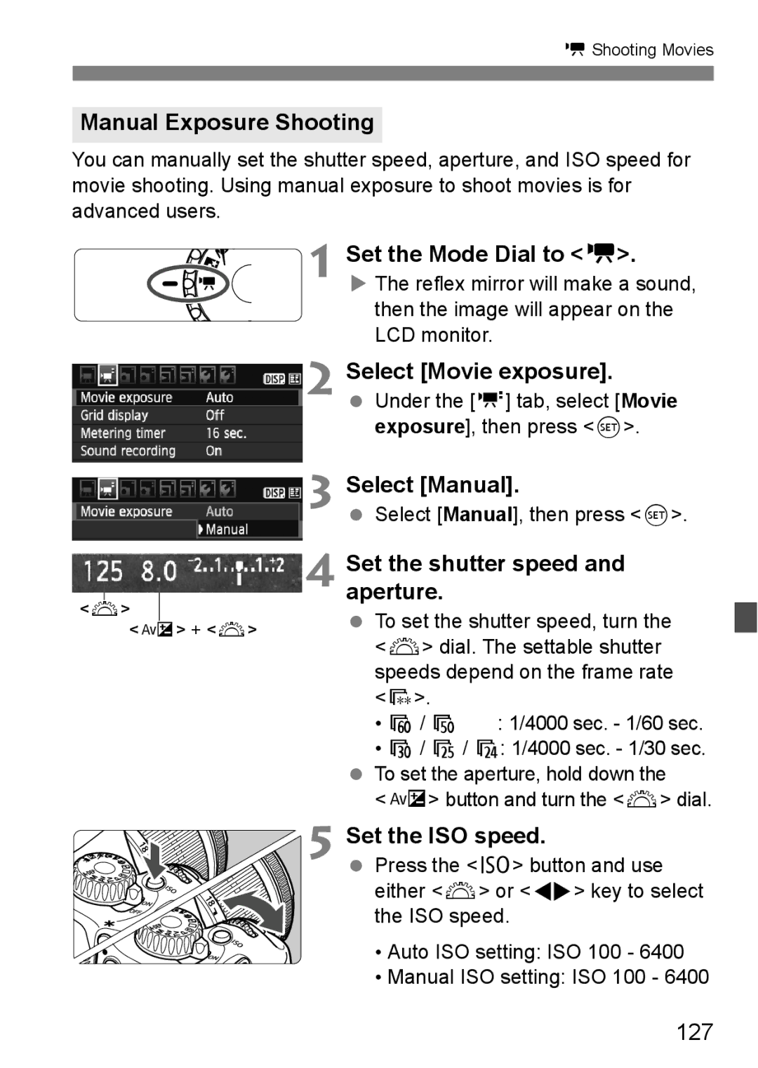 Canon 550D instruction manual Manual Exposure Shooting, 127 