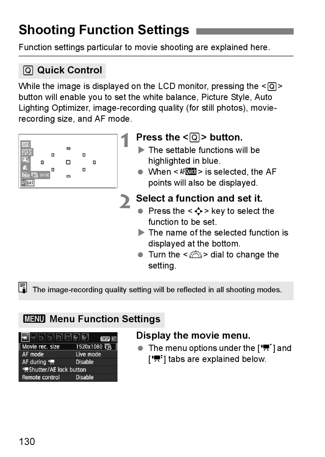 Canon 550D 3Menu Function Settings Display the movie menu, 130, Menu options under the n and o tabs are explained below 