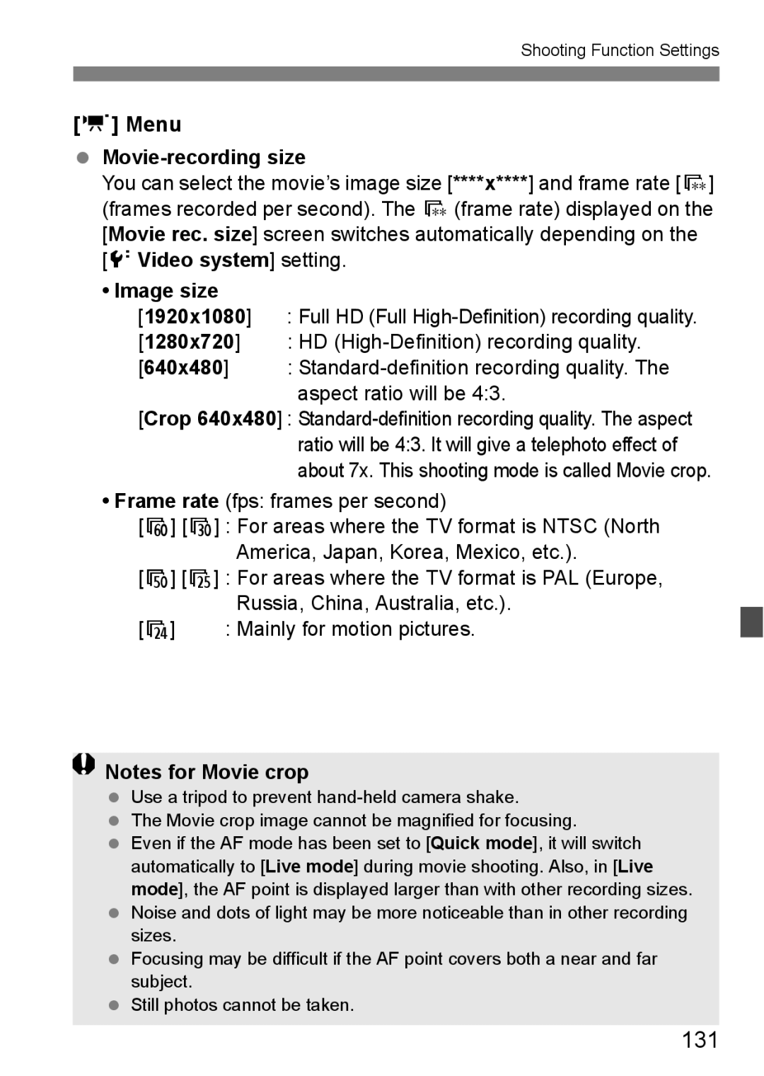 Canon 550D instruction manual 131, Menu Movie-recording size, Mainly for motion pictures 