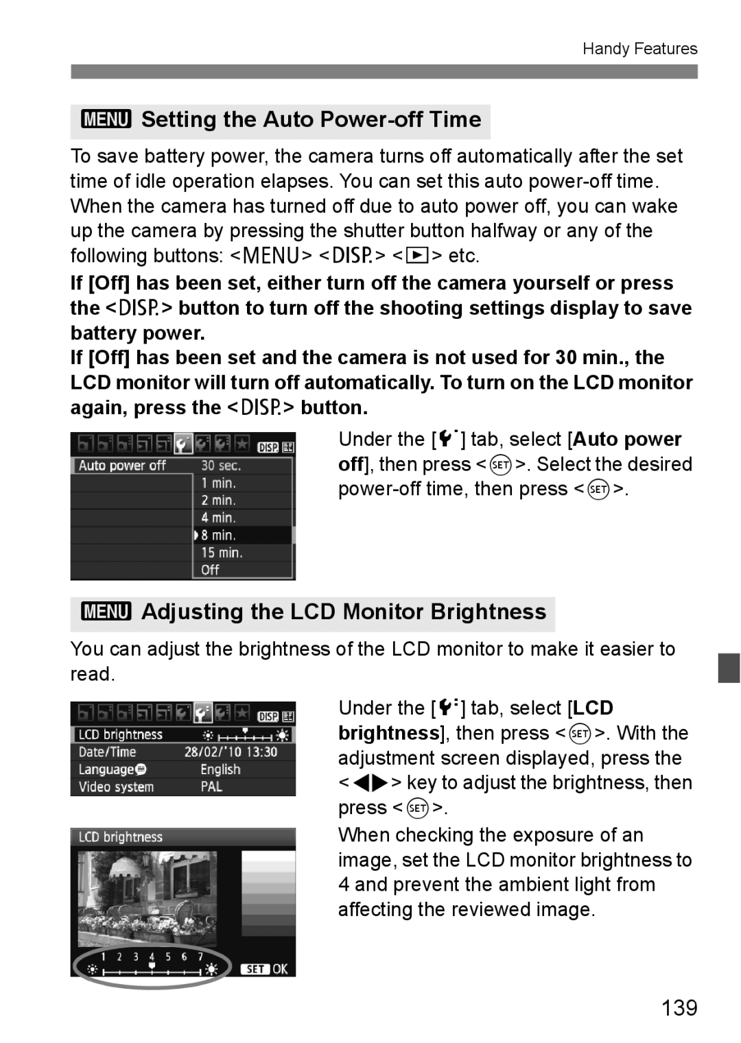 Canon 550D instruction manual Setting the Auto Power-off Time, 3Adjusting the LCD Monitor Brightness, 139 