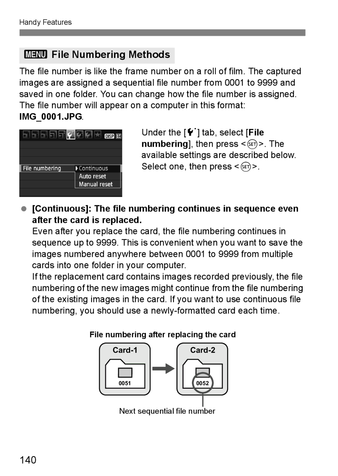 Canon 550D 3File Numbering Methods, 140, IMG0001.JPG, File numbering after replacing the card Card-1Card-2 