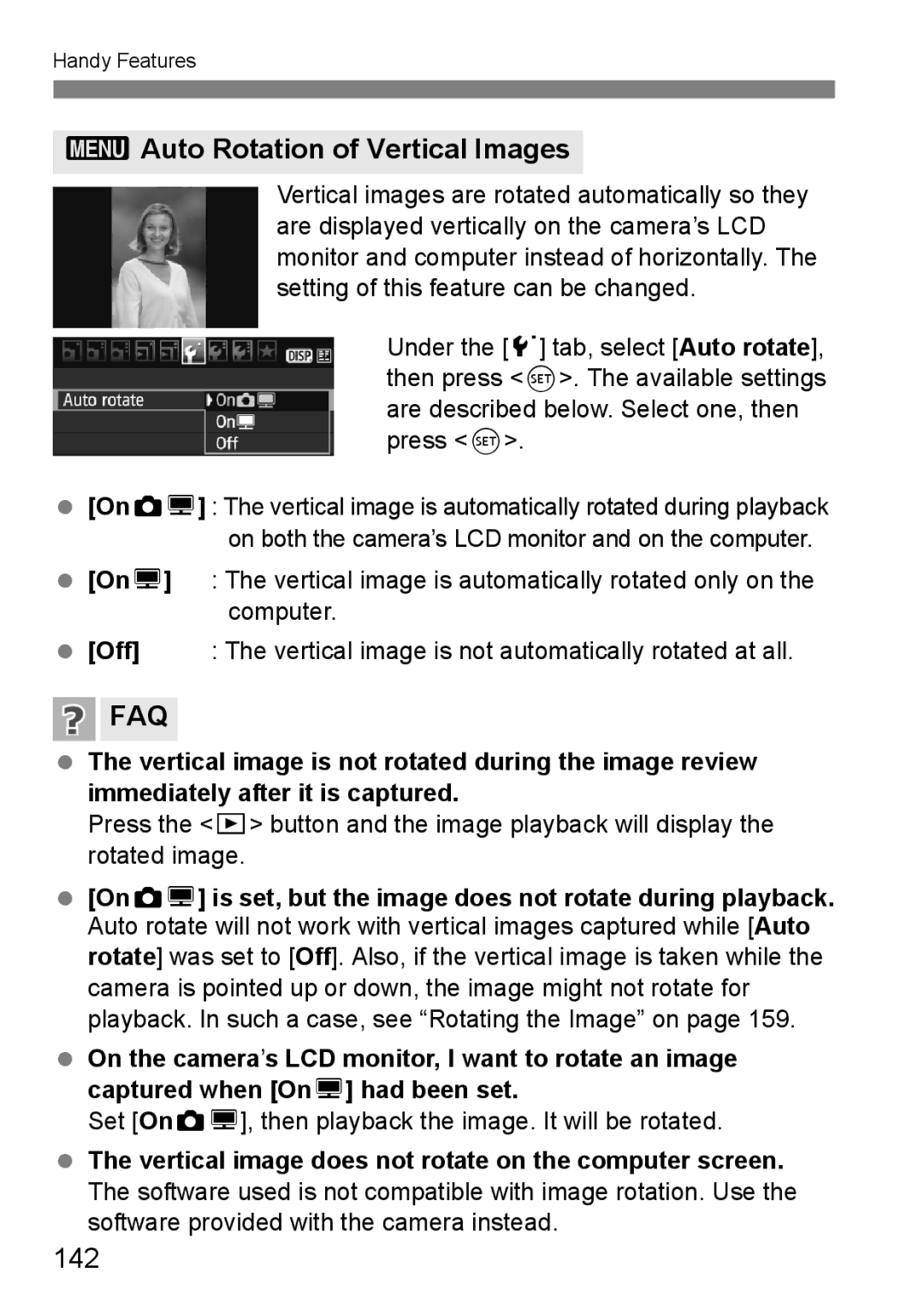 Canon 550D instruction manual 3Auto Rotation of Vertical Images, 142, Set OnPD, then playback the image. It will be rotated 