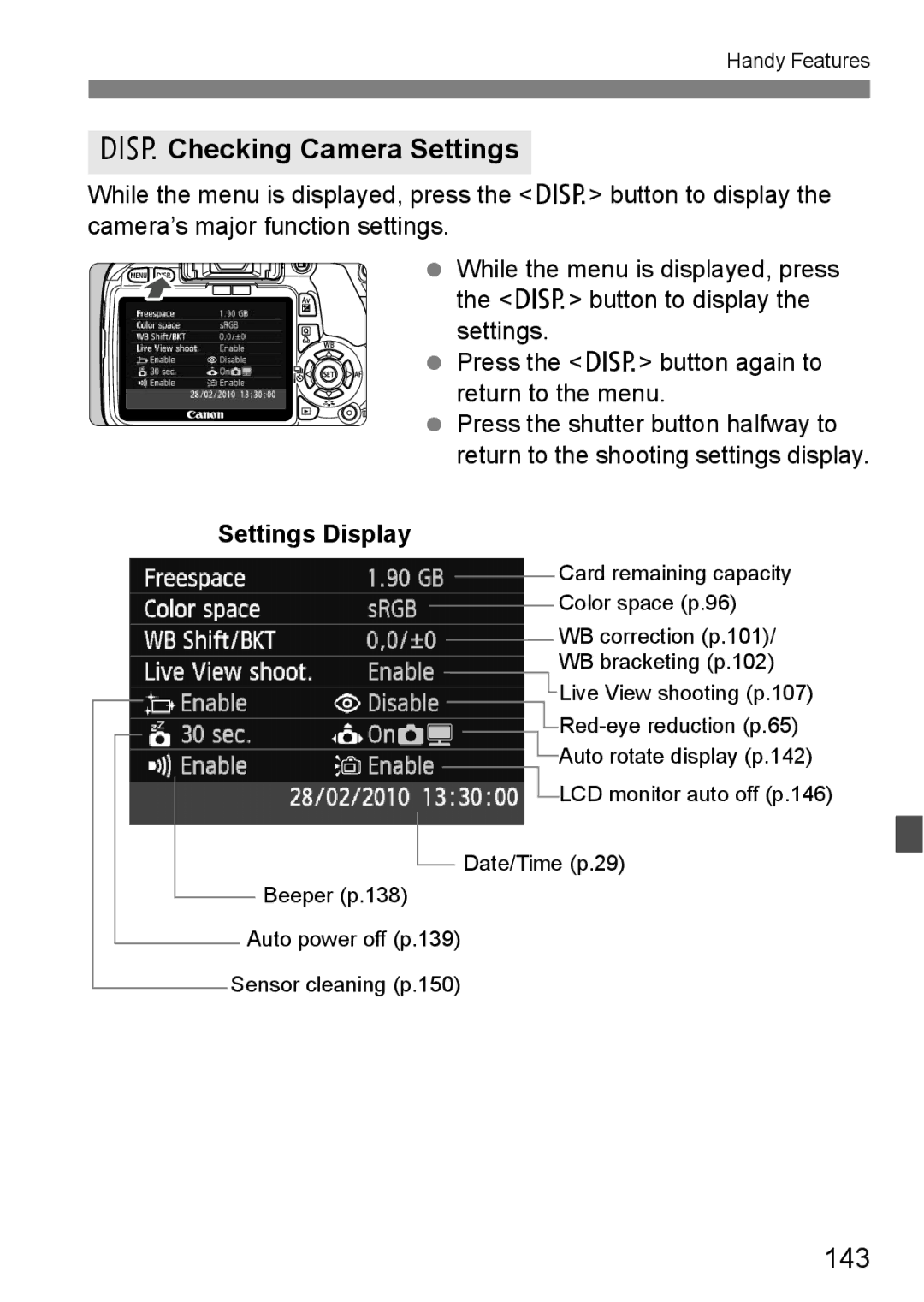 Canon 550D instruction manual BChecking Camera Settings, 143, Settings Display 