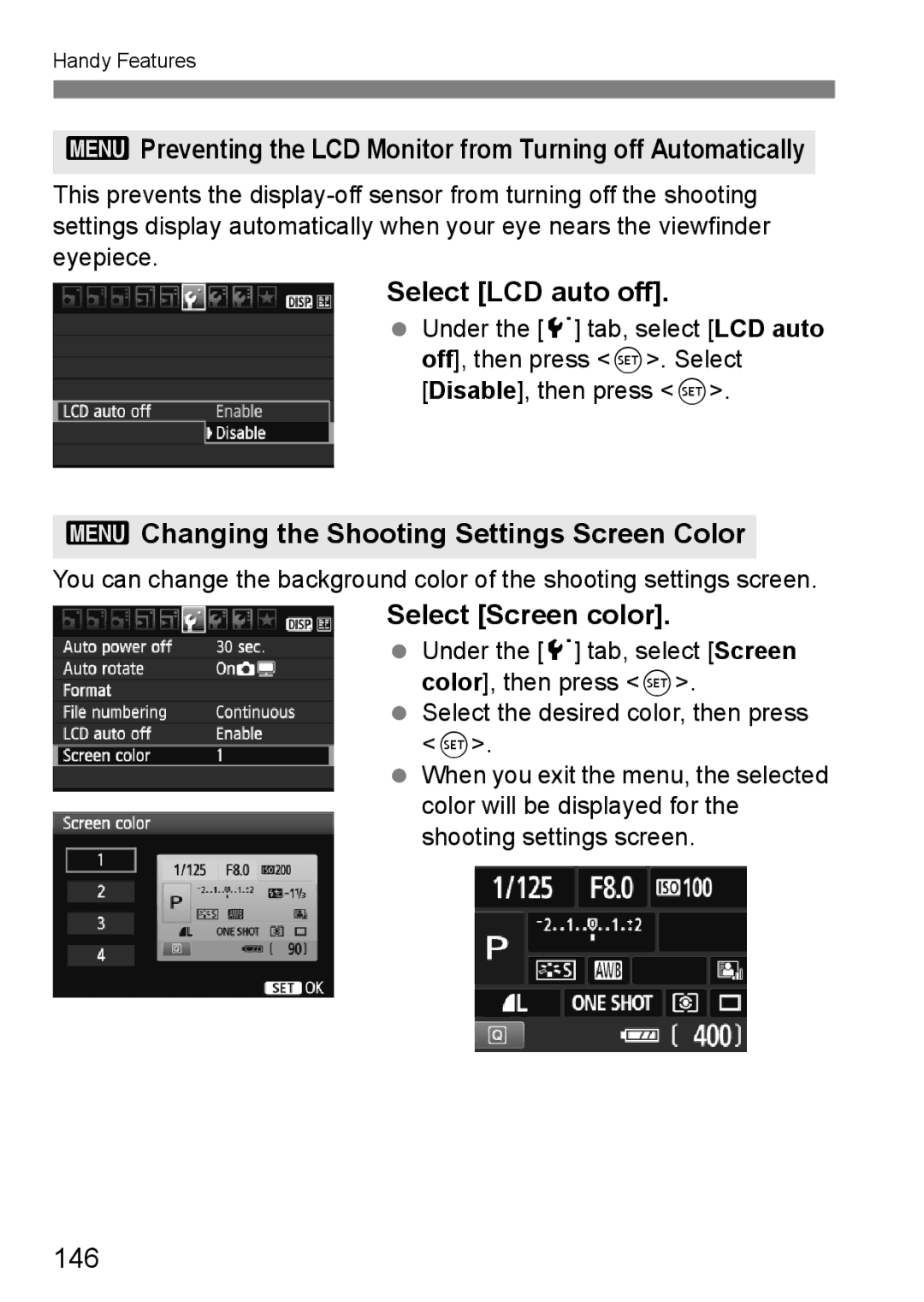 Canon 550D 3Preventing the LCD Monitor from Turning off Automatically, Select LCD auto off, Select Screen color, 146 