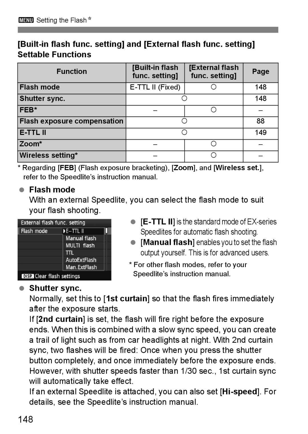 Canon 550D instruction manual 148, Flash mode, Shutter sync 