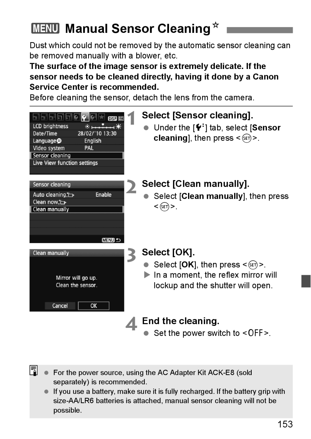 Canon 550D 3Manual Sensor CleaningN, Select Sensor cleaning, Select Clean manually, End the cleaning, 153 