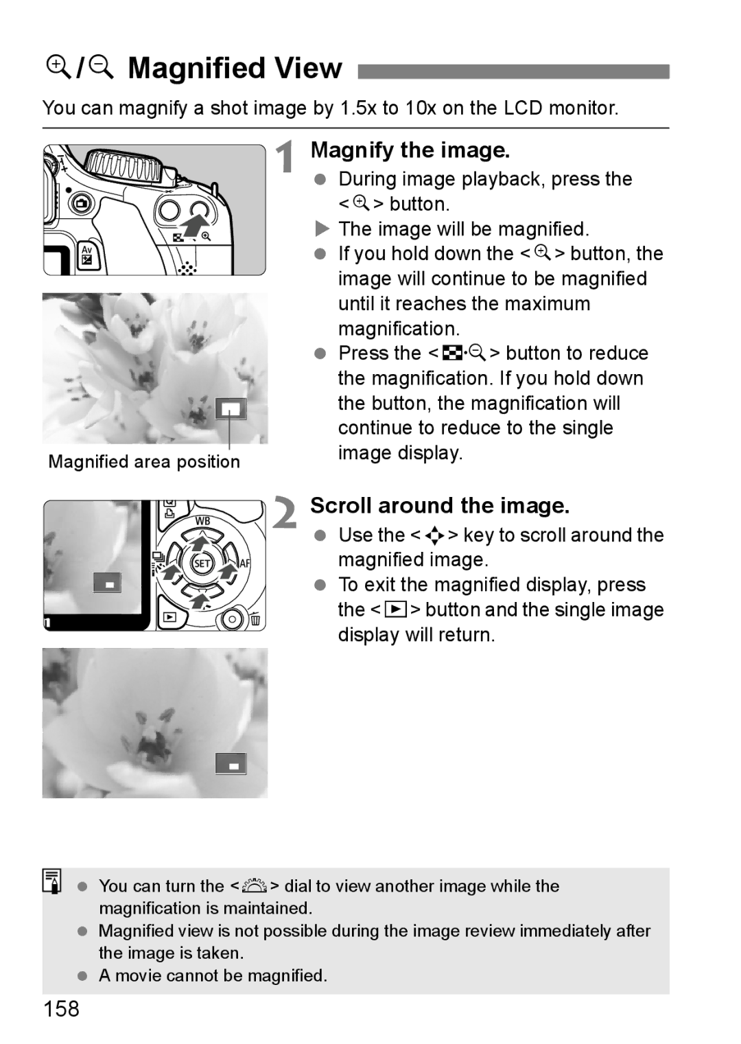 Canon 550D instruction manual YMagnified View, Magnify the image, Scroll around the image, 158 