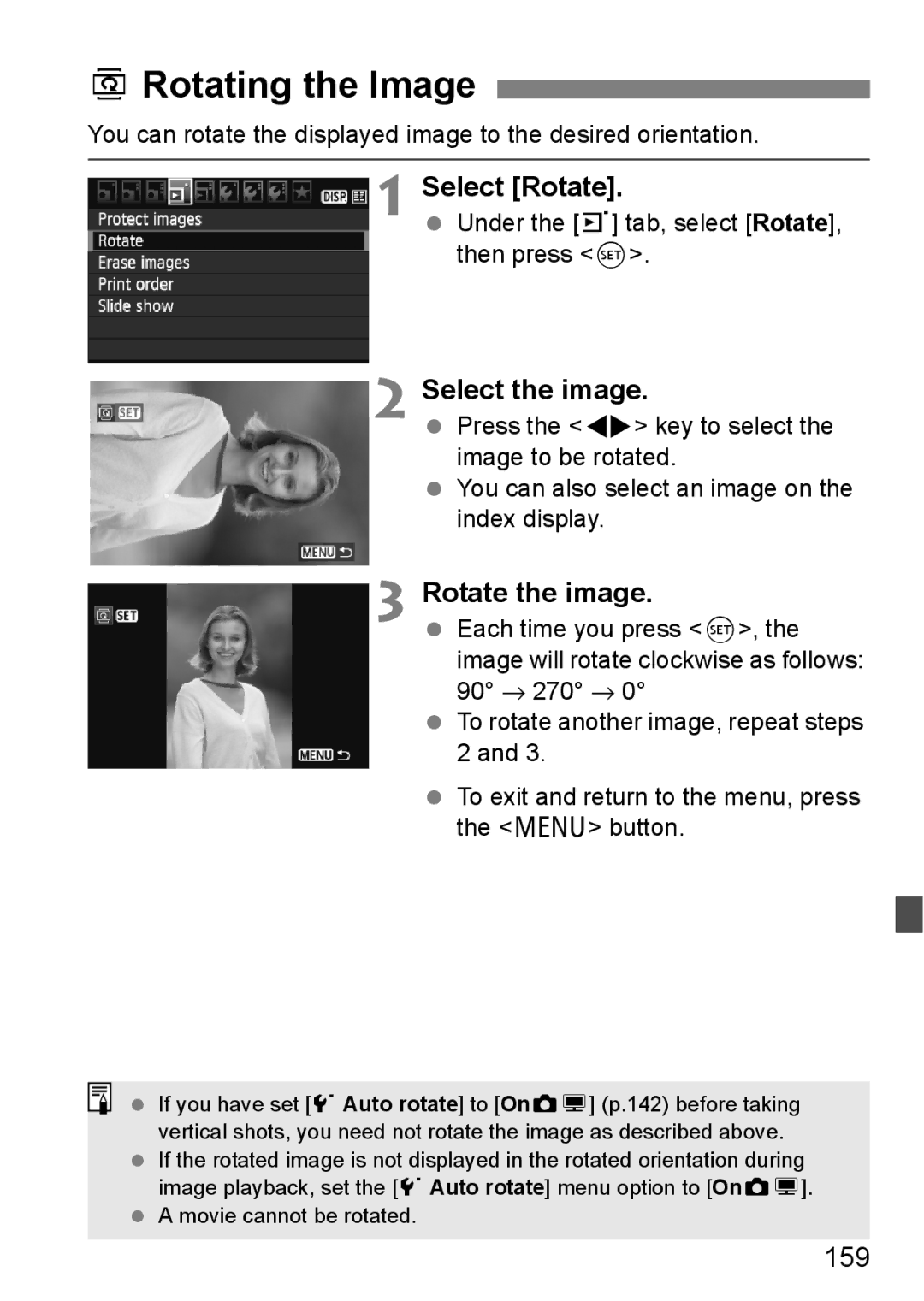 Canon 550D BRotating the Image, Select Rotate, Rotate the image, 159, Under the 3 tab, select Rotate, then press 