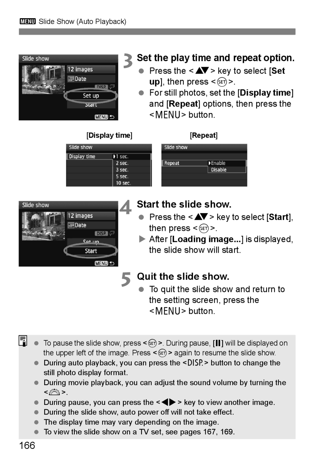 Canon 550D instruction manual Start the slide show, Quit the slide show, 166, Display time 