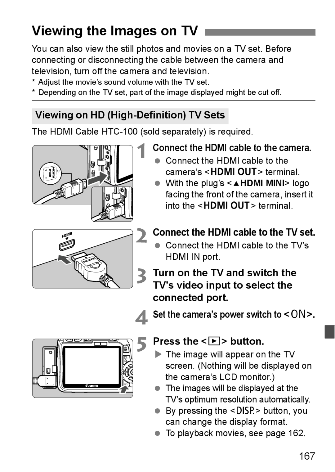 Canon 550D instruction manual Viewing the Images on TV, Viewing on HD High-Definition TV Sets, Press the x button, 167 