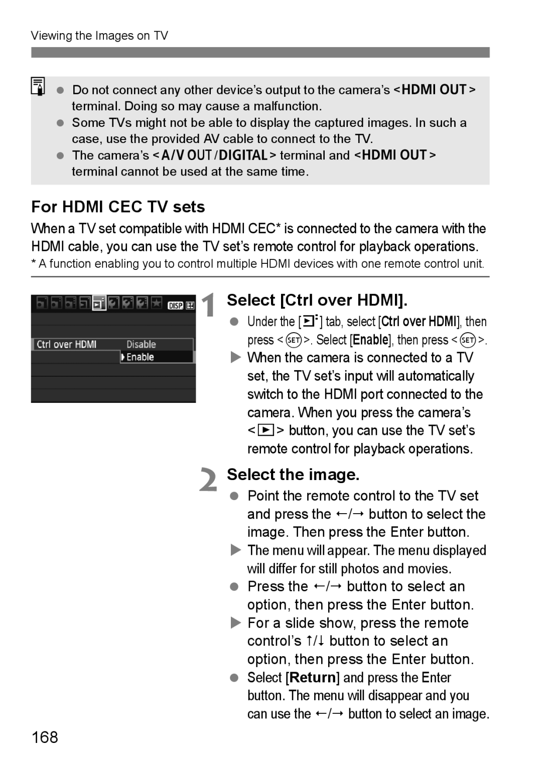 Canon 550D instruction manual For Hdmi CEC TV sets, Select Ctrl over Hdmi, 168 