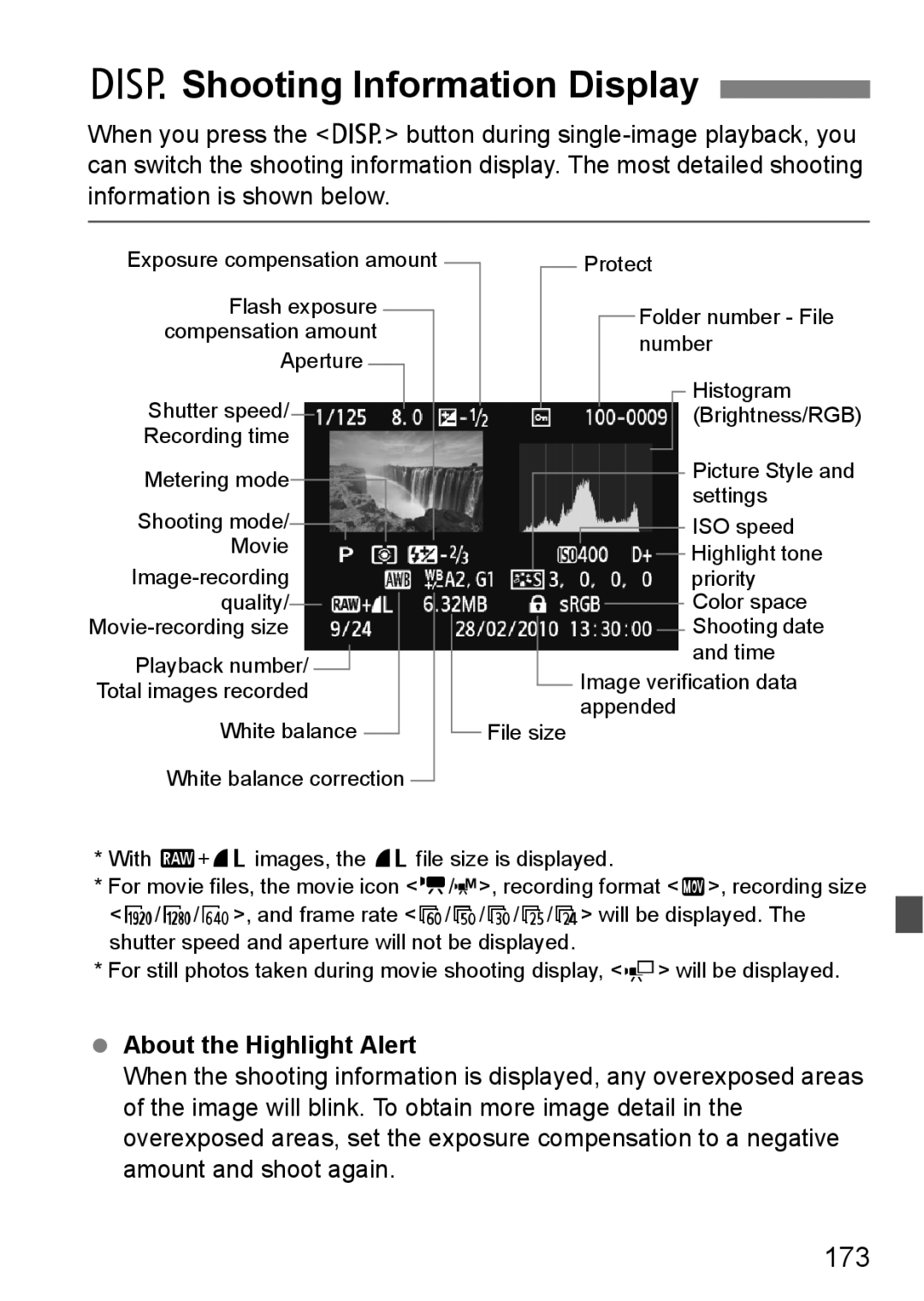 Canon 550D instruction manual BShooting Information Display, 173, About the Highlight Alert 