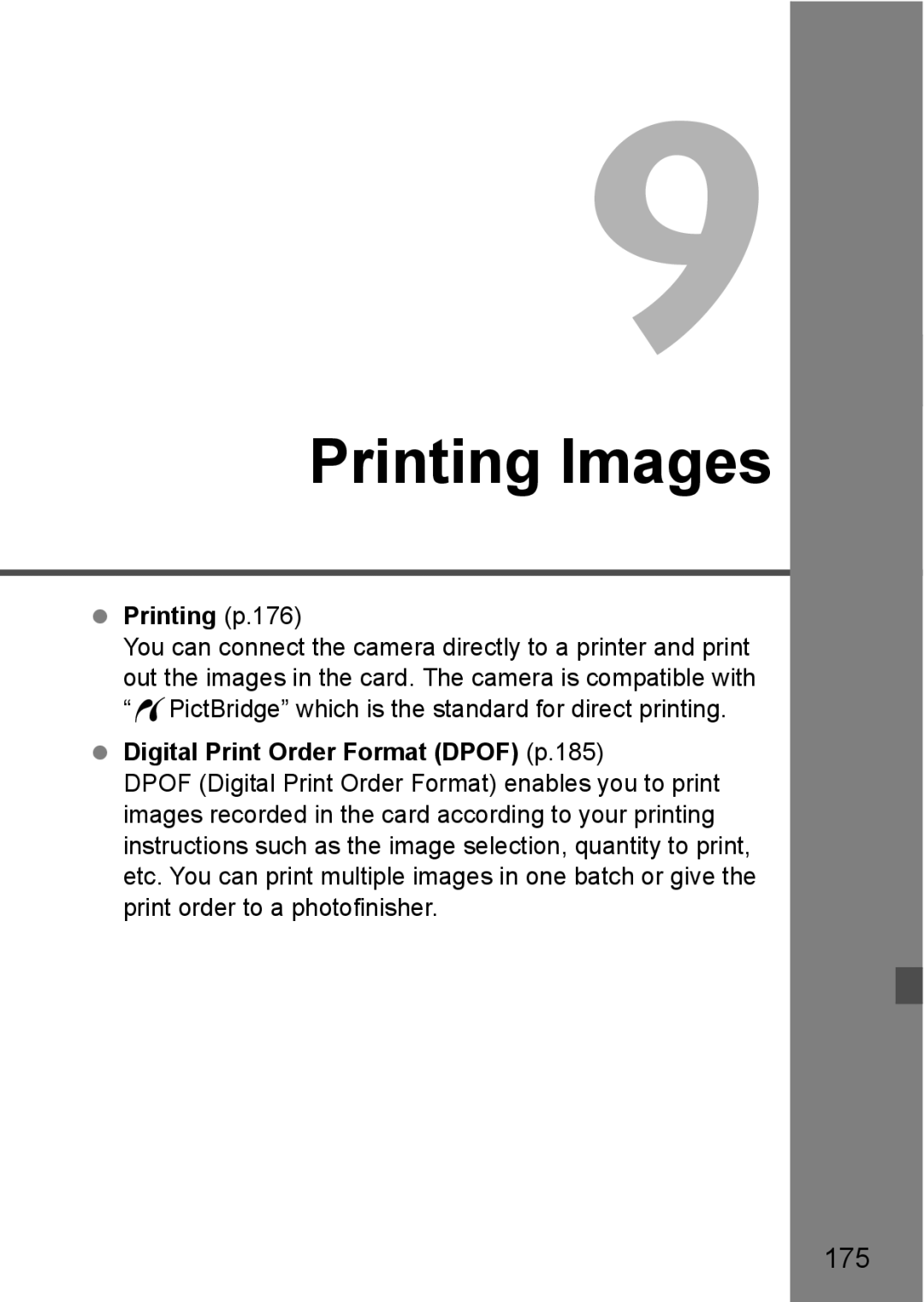 Canon 550D instruction manual 175, Printing p.176, Digital Print Order Format Dpof p.185 