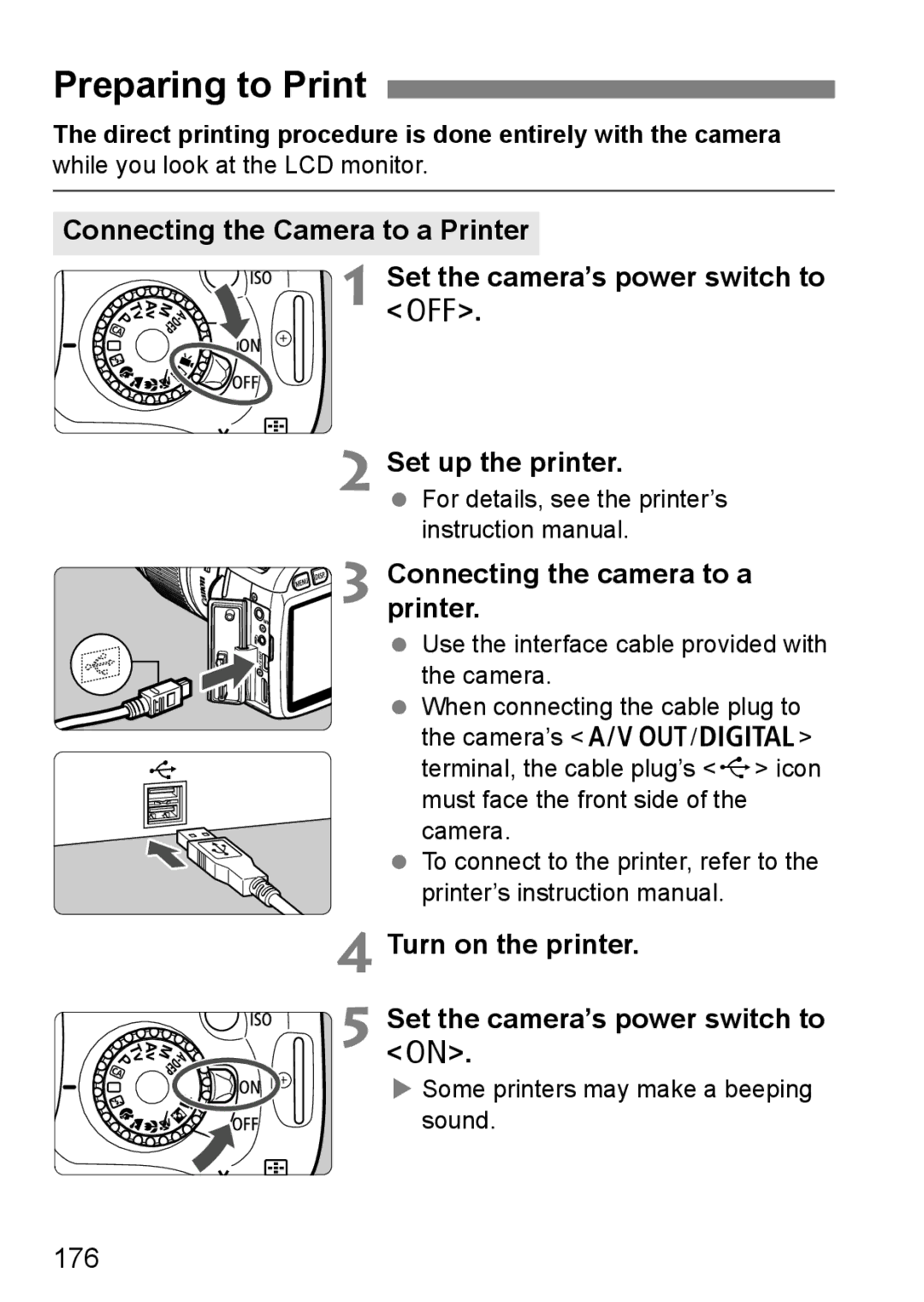 Canon 550D instruction manual Preparing to Print, 176, Direct printing procedure is done entirely with the camera 