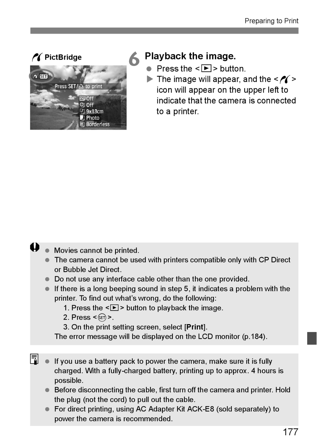 Canon 550D instruction manual 177, Press the x button, Icon will appear on the upper left to, To a printer, WPictBridge 