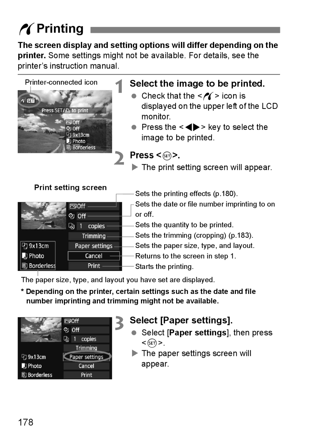 Canon 550D instruction manual WPrinting, Select Paper settings, 178, Print setting screen will appear 