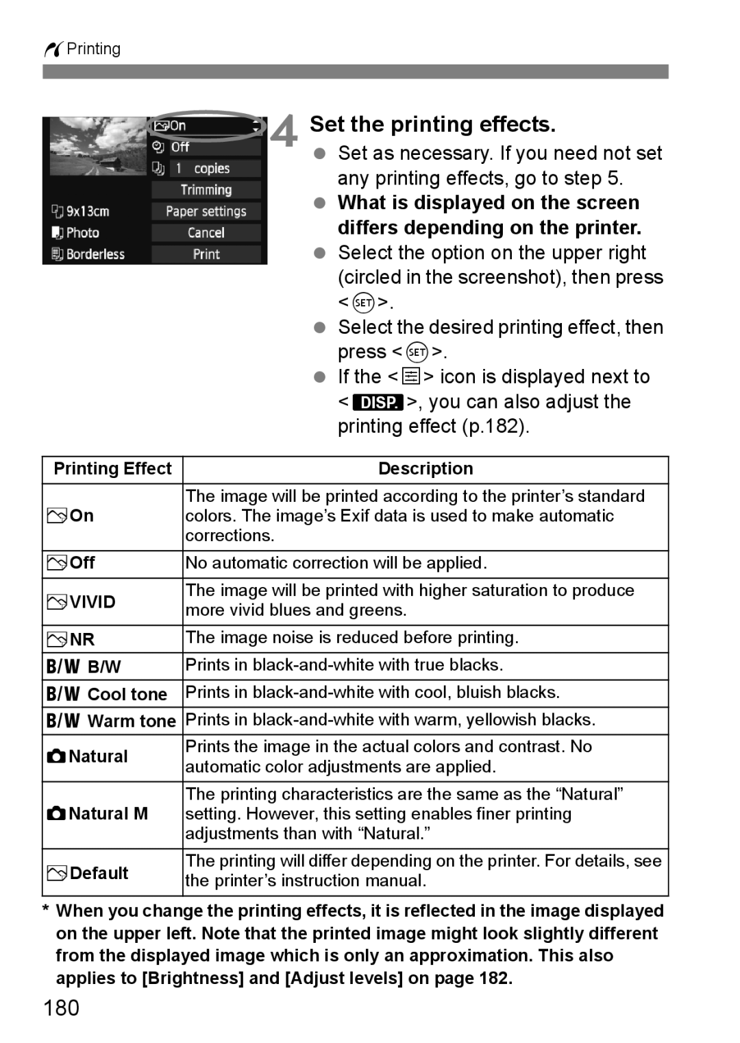 Canon 550D instruction manual Set the printing effects, 180, What is displayed on the screen 