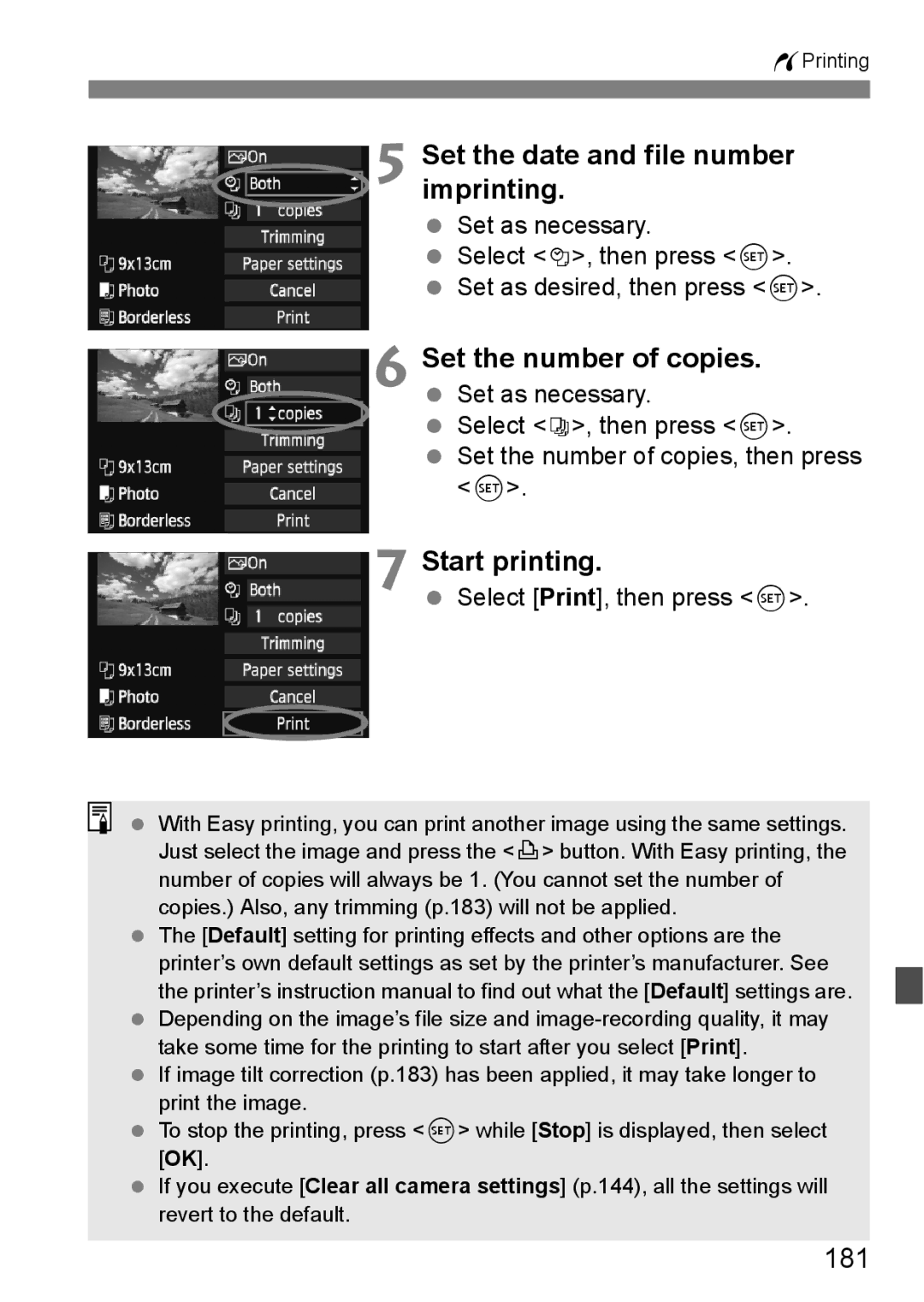 Canon 550D instruction manual Set the date and file number imprinting, Start printing, 181, Select Print, then press 