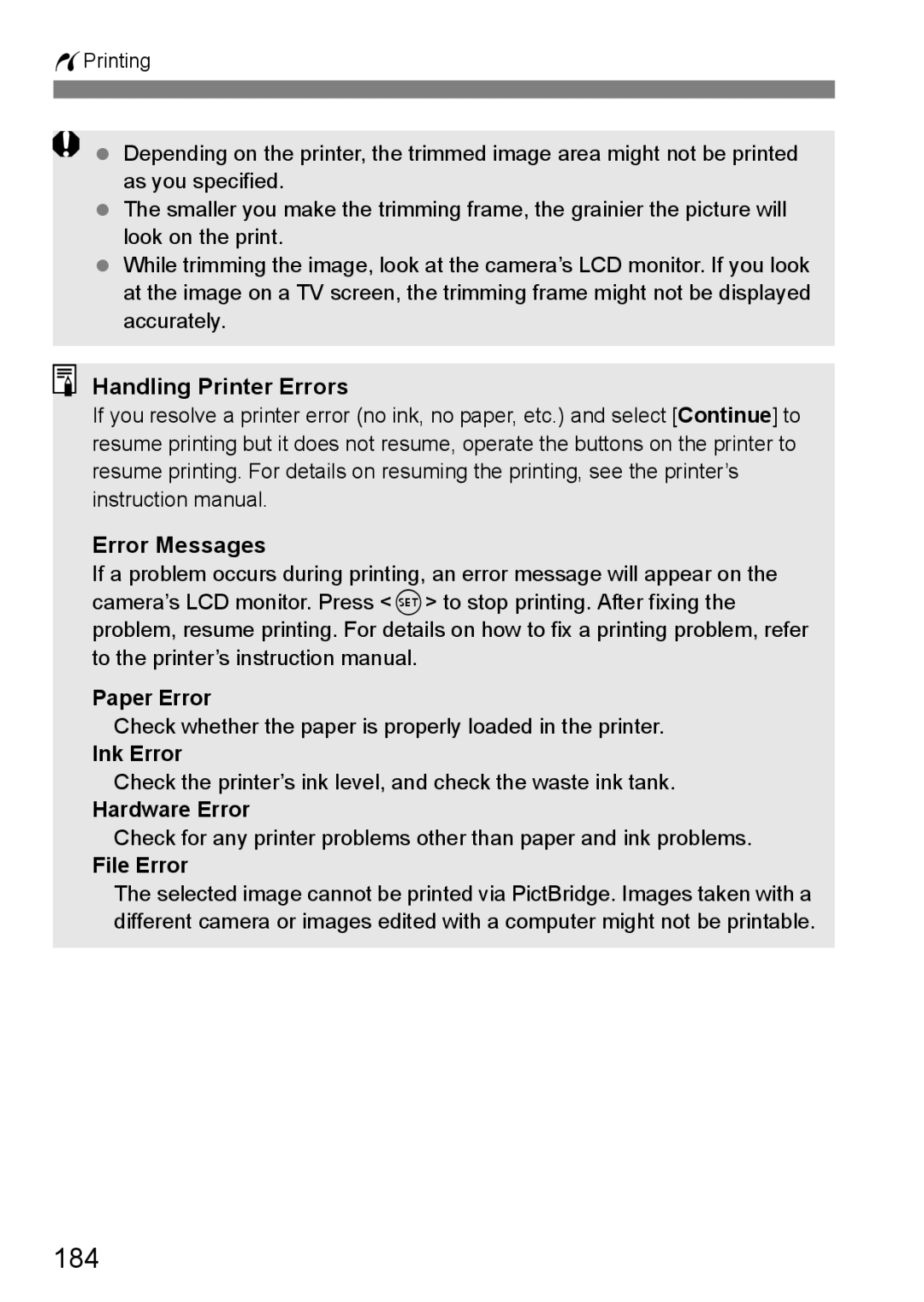 Canon 550D instruction manual 184, Handling Printer Errors Error Messages 