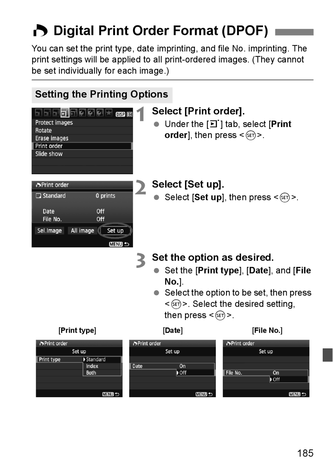 Canon 550D Digital Print Order Format Dpof, Setting the Printing Options Select Print order, Select Set up, 185 