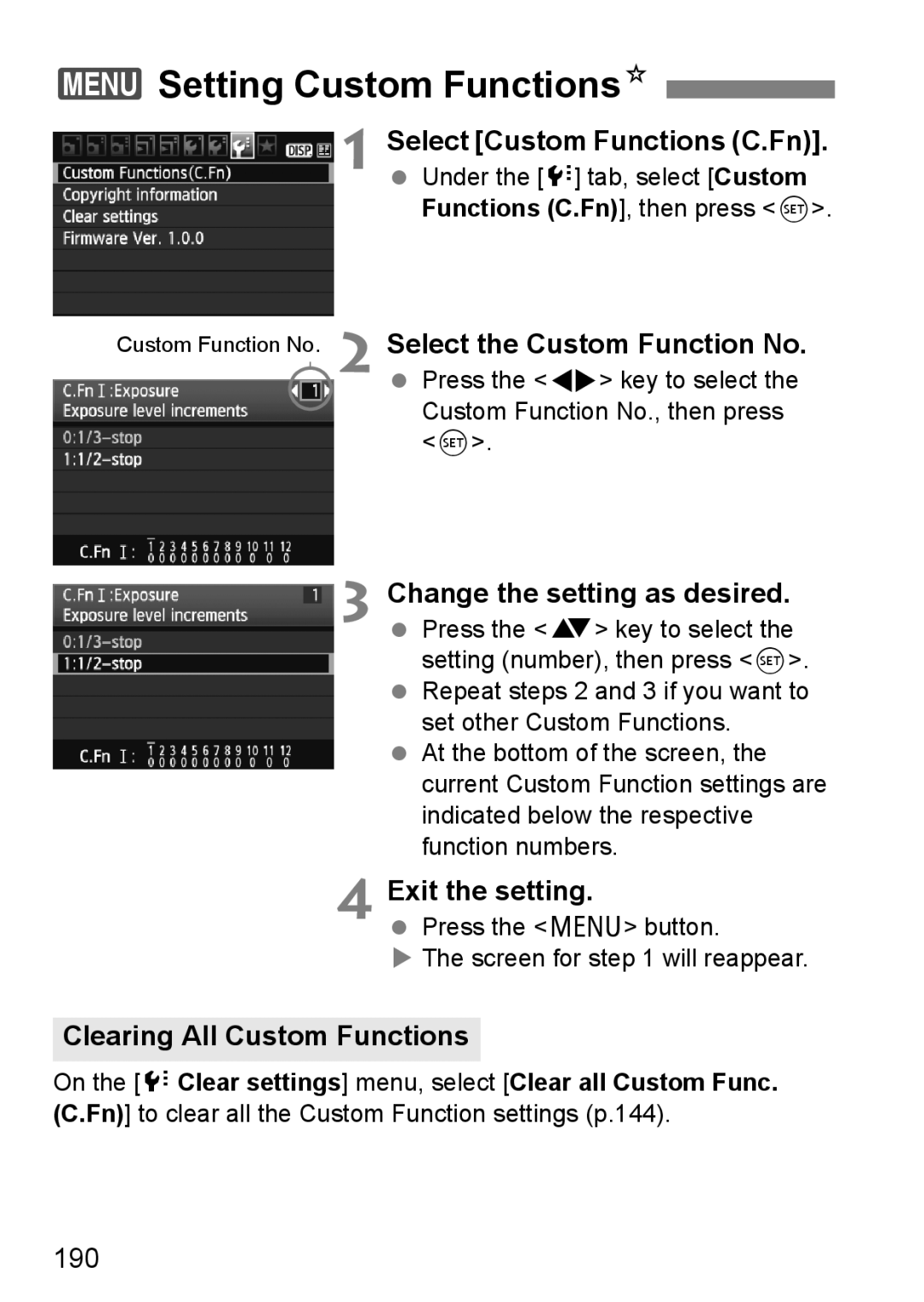 Canon 550D instruction manual 3Setting Custom FunctionsN, Select Custom Functions C.Fn, Select the Custom Function No 