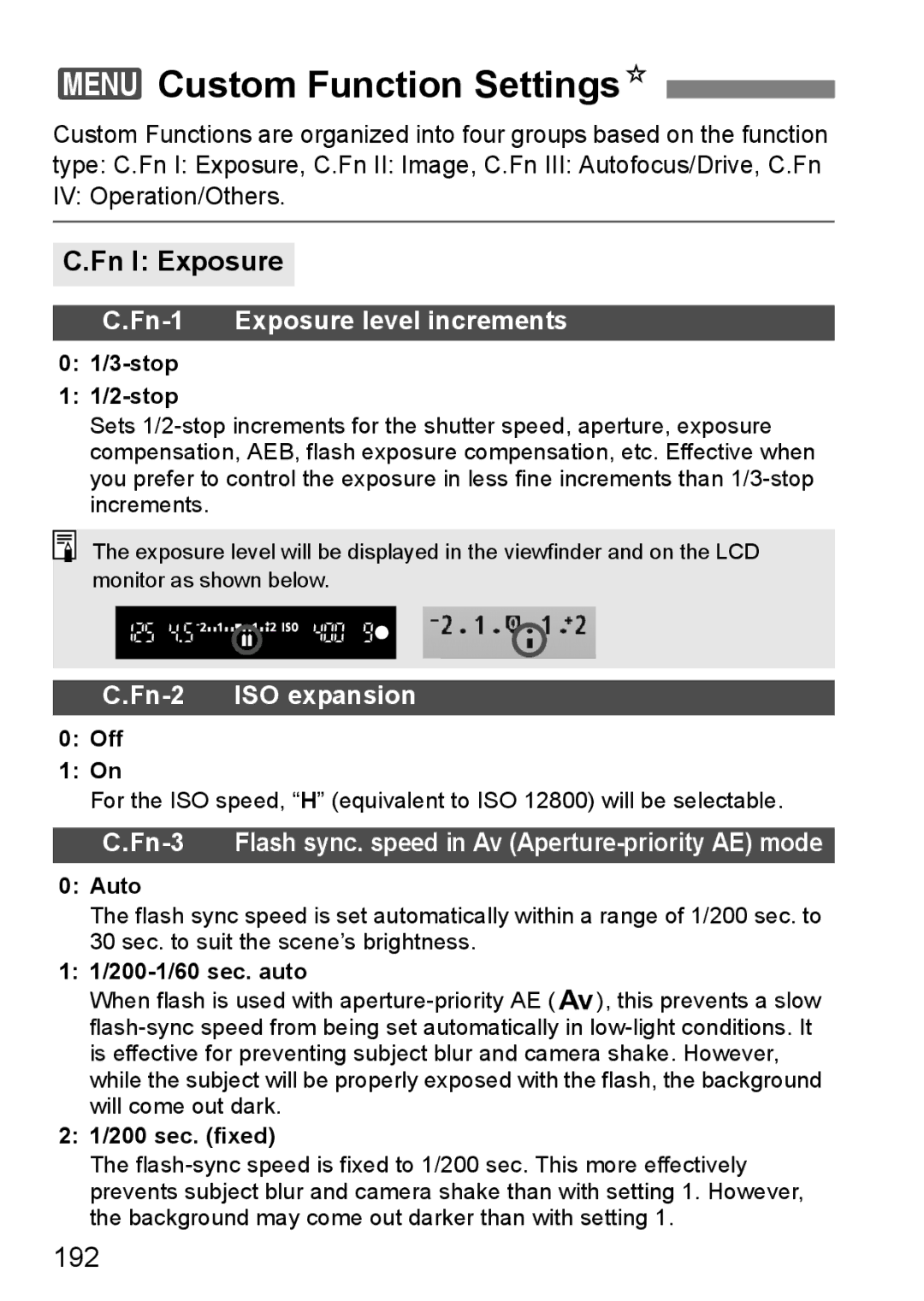 Canon 550D instruction manual 3Custom Function SettingsN, Fn I Exposure, 192 