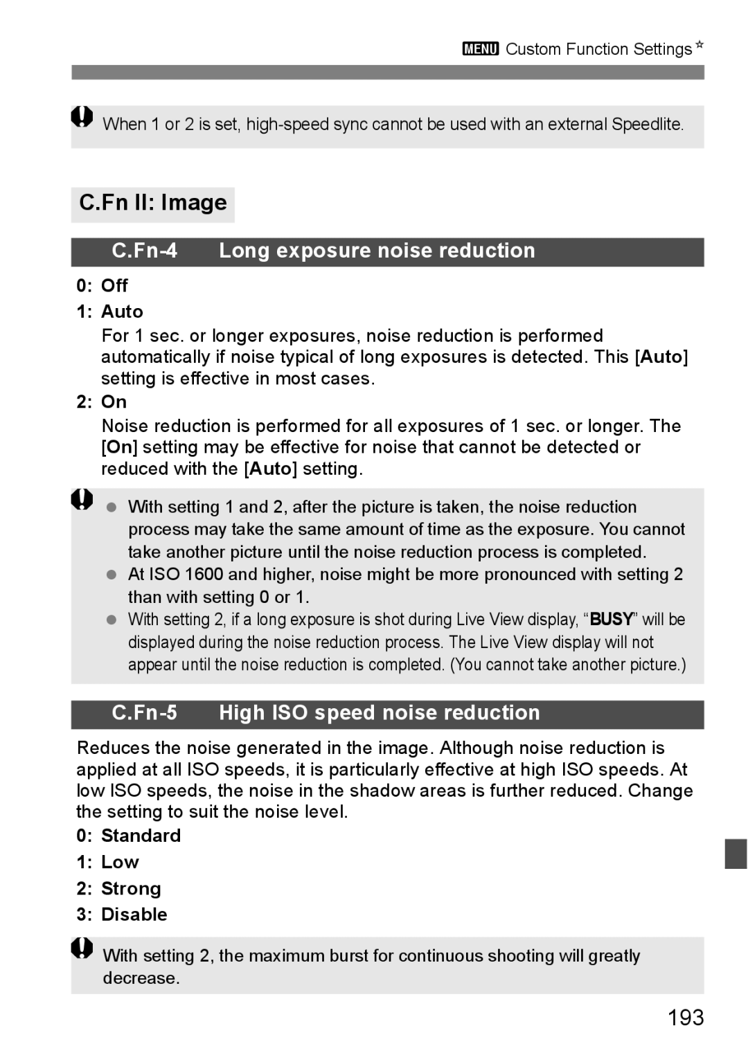 Canon 550D instruction manual Fn II Image, 193, Off Auto, Standard Low Strong Disable 