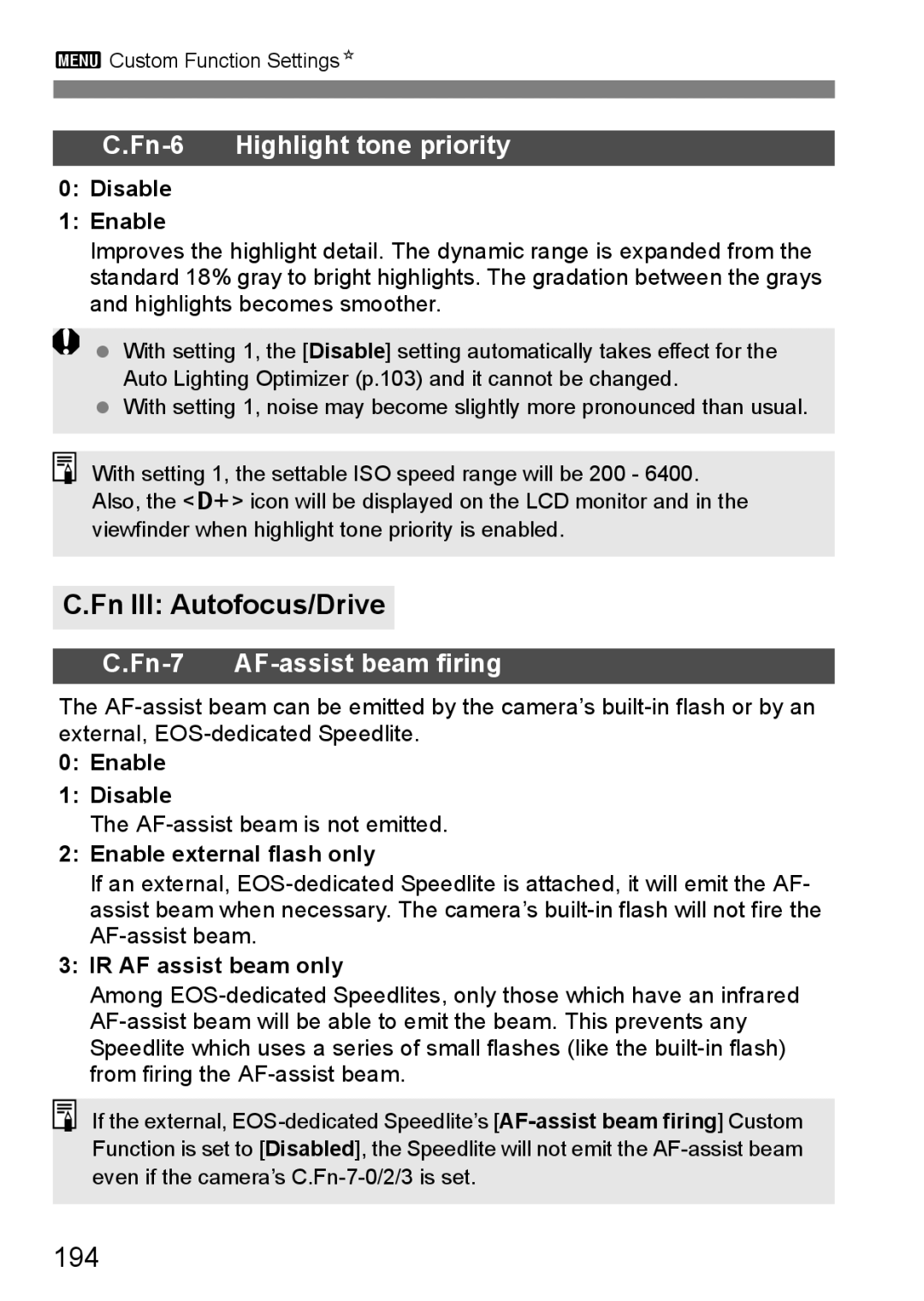 Canon 550D instruction manual Fn III Autofocus/Drive, 194 