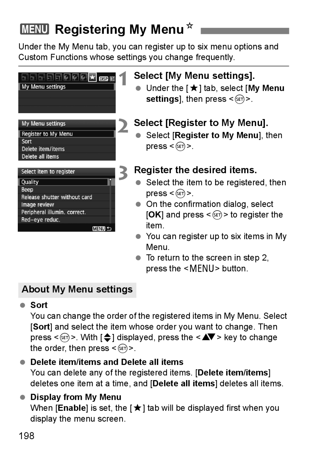 Canon 550D 3Registering My MenuN, Select My Menu settings, Select Register to My Menu, Register the desired items 