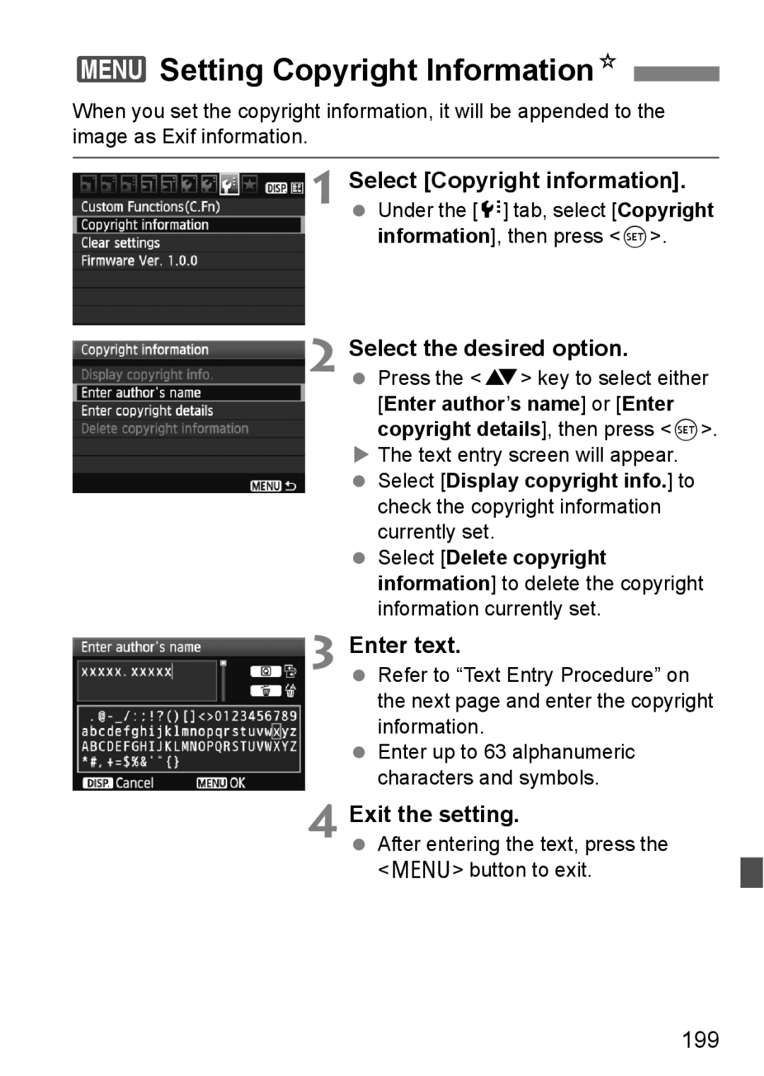 Canon 550D 3Setting Copyright InformationN, Select Copyright information, Select the desired option, Enter text, 199 