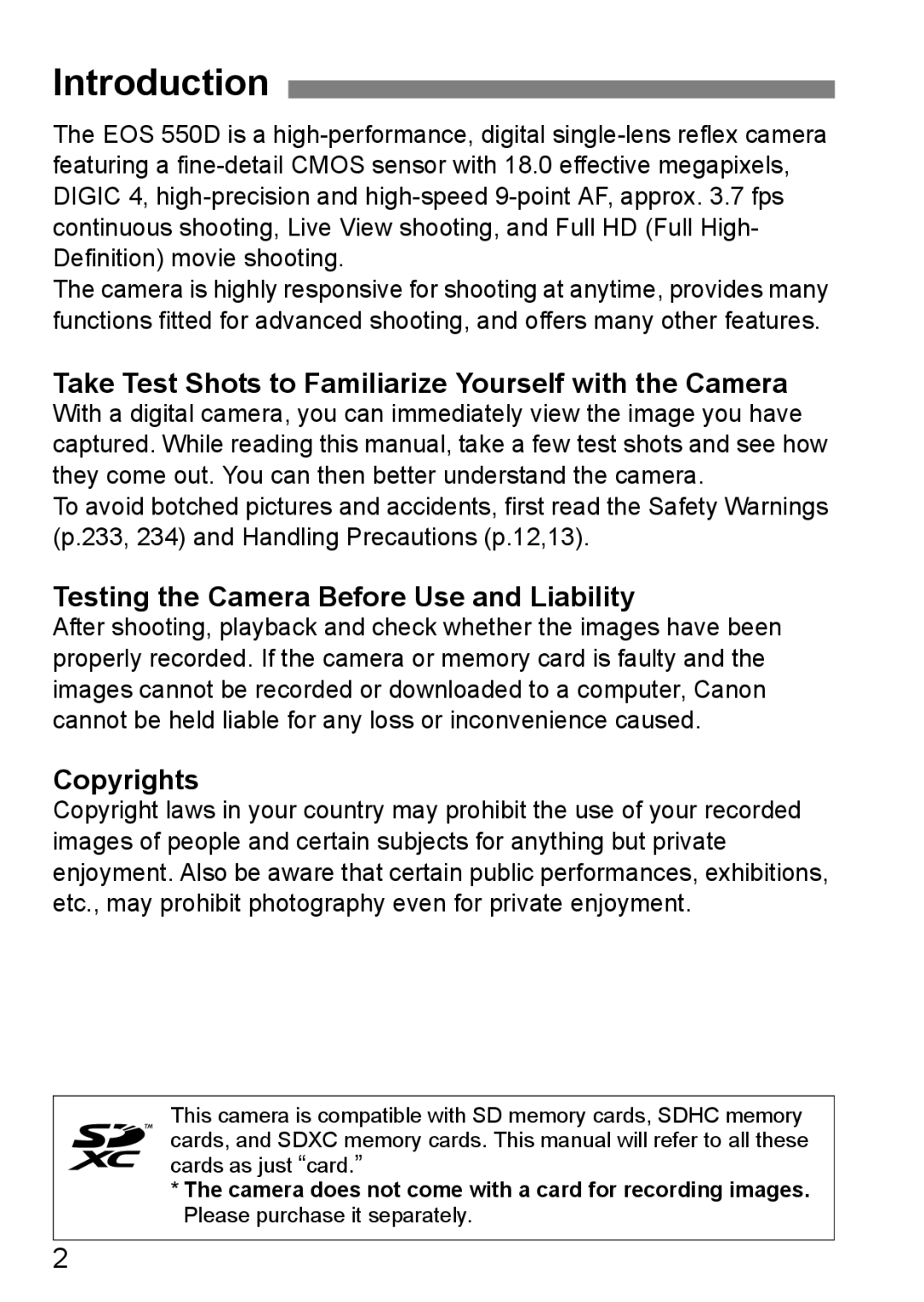 Canon 550D instruction manual Introduction, Take Test Shots to Familiarize Yourself with the Camera, Copyrights 