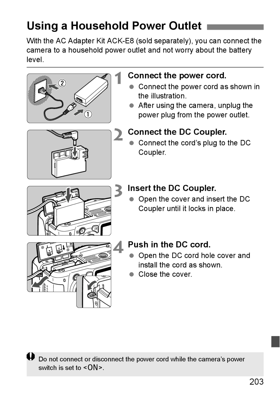 Canon 550D Using a Household Power Outlet, Connect the power cord, Connect the DC Coupler, Insert the DC Coupler 