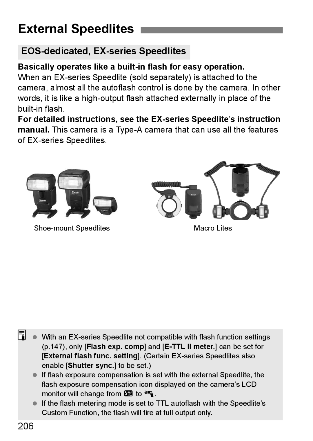 Canon 550D instruction manual External Speedlites, EOS-dedicated, EX-series Speedlites, 206 