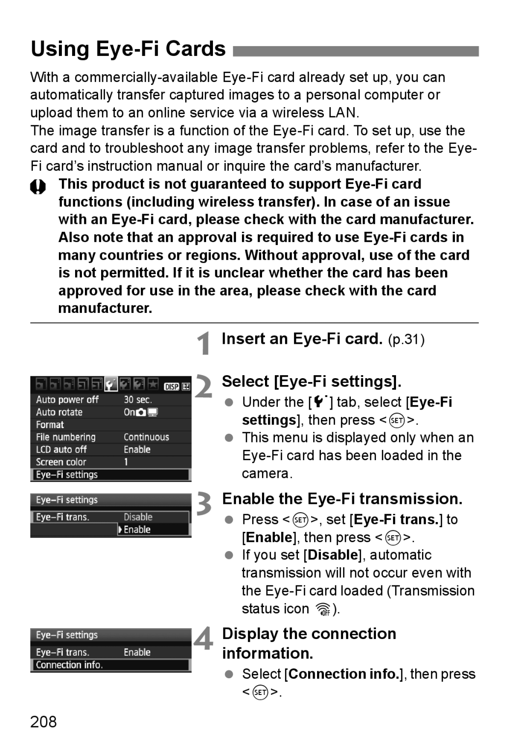 Canon 550D Using Eye-Fi Cards, Insert an Eye-Fi card. p.31 Select Eye-Fi settings, Display the connection information, 208 