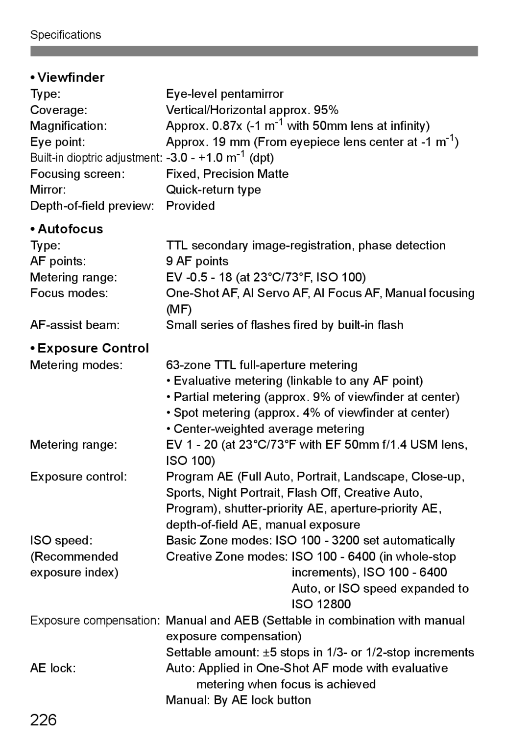 Canon 550D instruction manual 226, Viewfinder, Autofocus, Exposure Control 