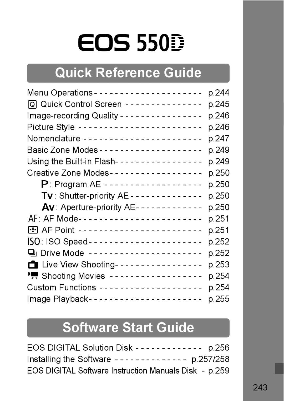 Canon 550D instruction manual Quick Reference Guide, 243 